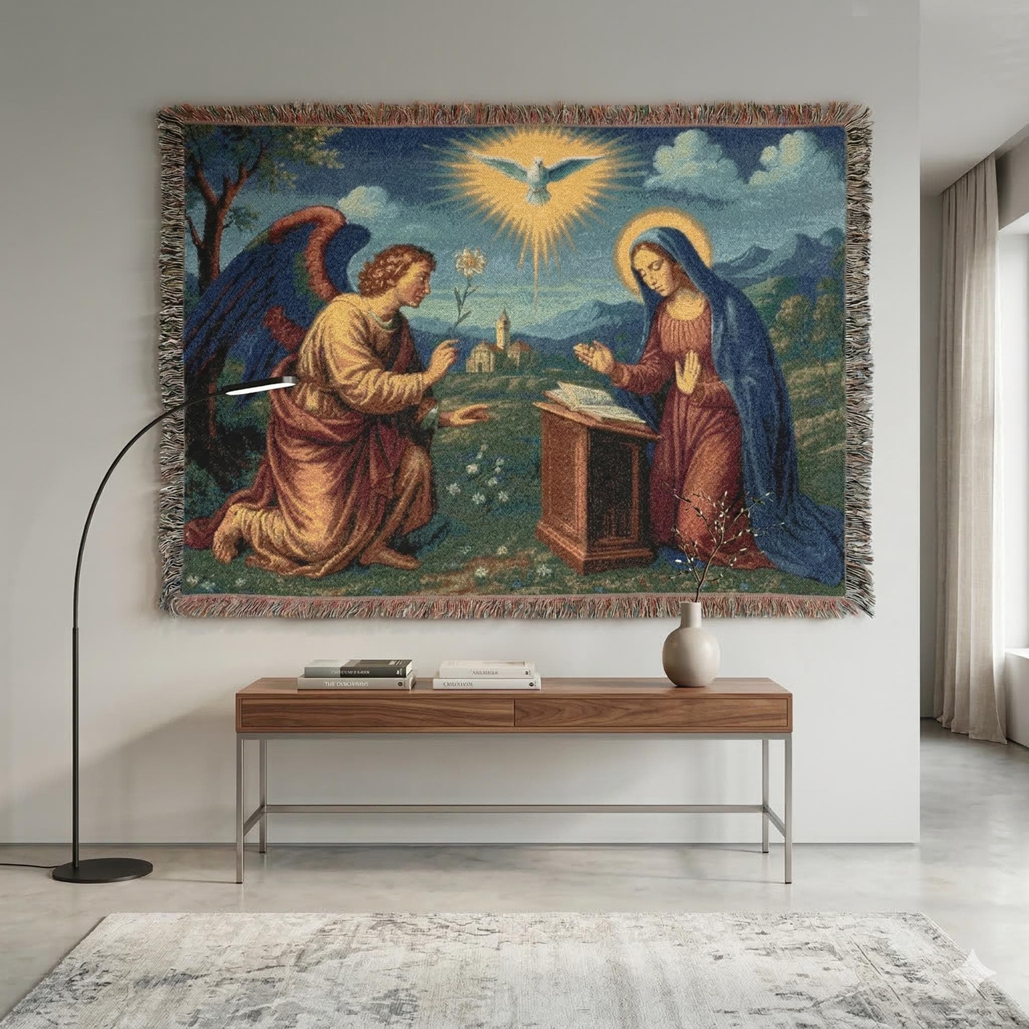 Annunciation Tapestry Wall Hanging Angel Gabriel Virgin Mary Christian Wall Decor Woven Throw Blanket Religious Bible Wall Art Faith Gift