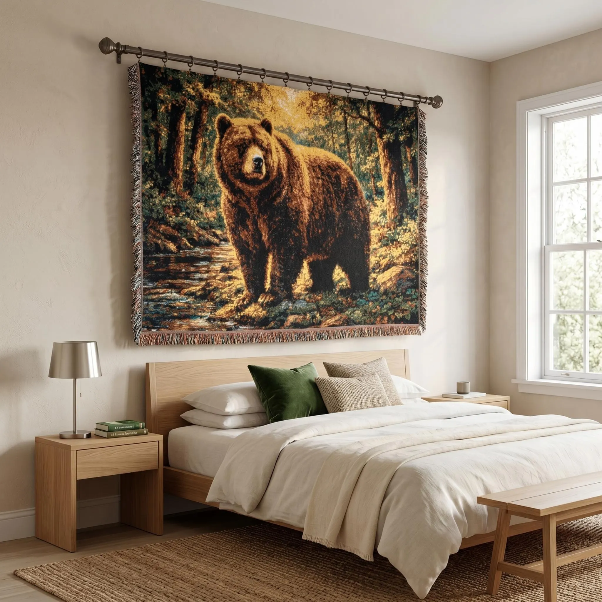 Woven tapestry wall hanging featuring a large brown bear standing beside a forest stream, surrounded by tall pine trees, mossy rocks, warm golden sunlight, and deep woodland shadows. Rustic wildlife wall art with peaceful forest scenery, earthy cabin colors, and nature inspired lodge style, ideal as a large wall tapestry, woven throw blanket, cabin wall decor, woodland room accent, national park style decor, and gift for bear lovers, hikers, campers, forest lovers, and rustic home decor fans.