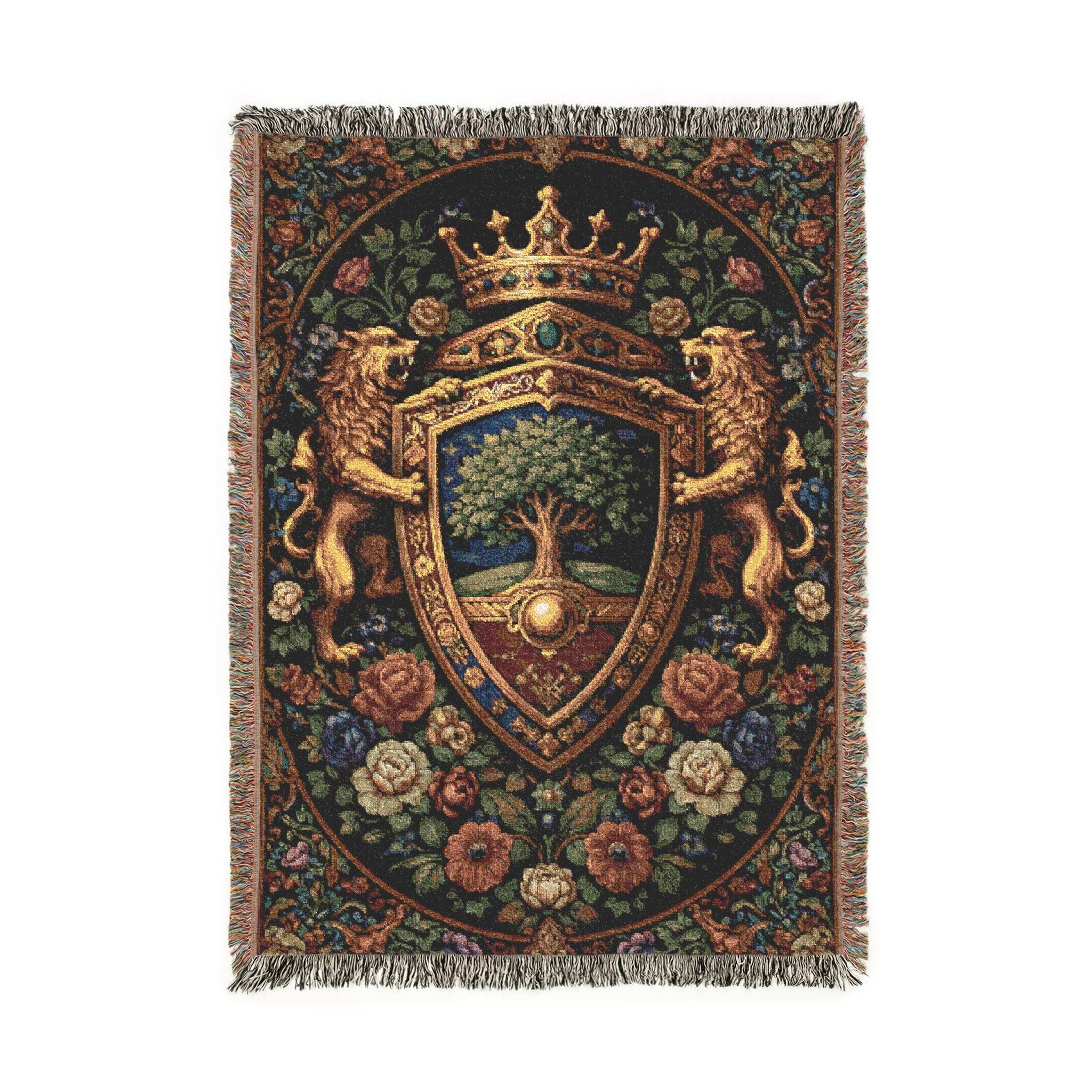 Jacquard woven tapestry blanket featuring a royal heraldic shield coat of arms with crowned lions, ornate shield crest and tree emblem, framed by a dark floral verdure border. Classic French tapestry wall hanging with fringe in rich navy, gold, burgundy, green and antique rose tones. Use as large wall tapestry for living room, bedroom, office or game room, or as a woven throw on bed or chair. Gift for castlecore decor lovers, medieval and renaissance fans, history buffs, fantasy readers.