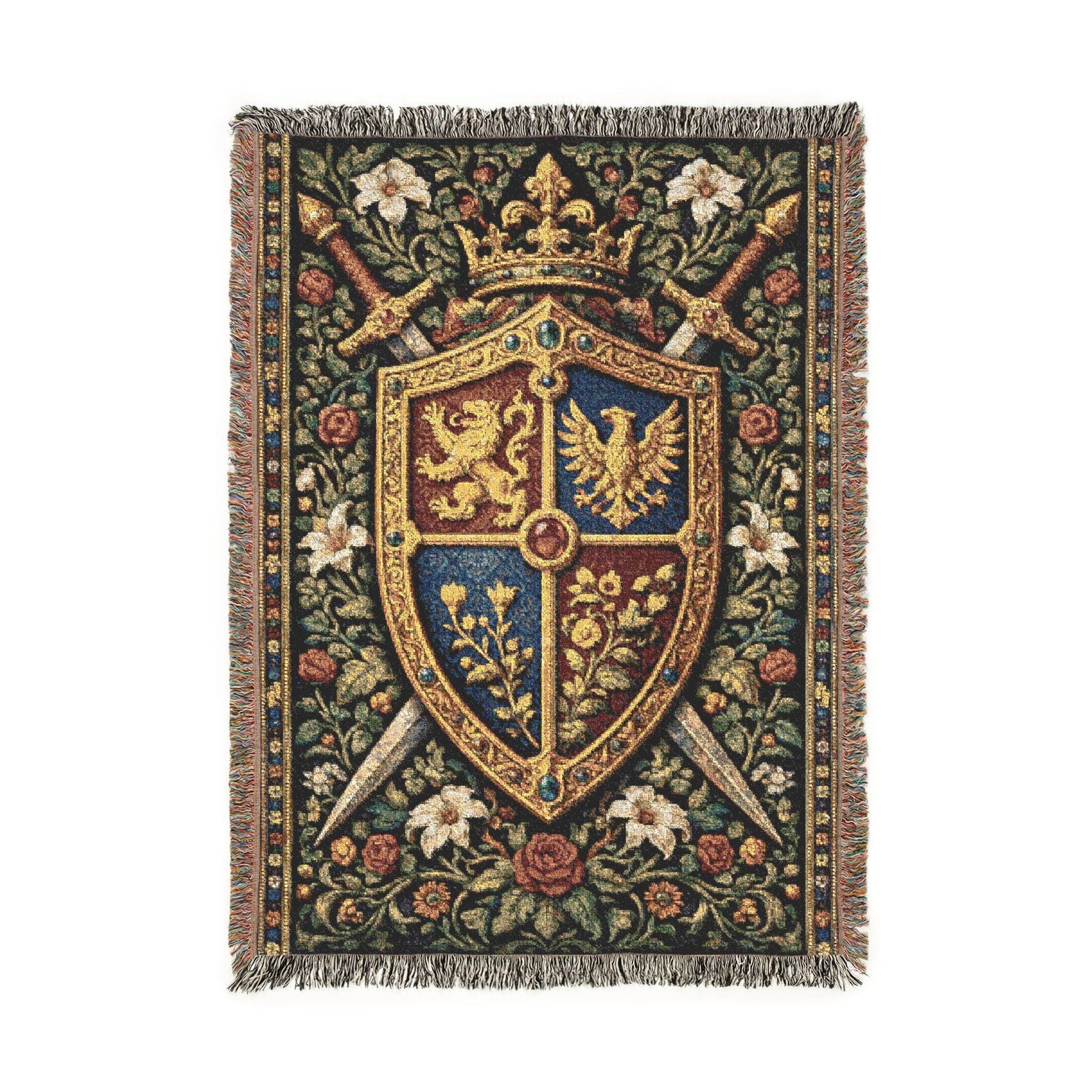 Woven tapestry wall hanging featuring a medieval heraldic shield with jeweled crown, crossed swords, gold trim, and richly detailed floral background in deep black, red, blue, and ivory tones. Gothic wall art with royal crest imagery, castle inspired symbolism, and vintage woven texture, ideal as a large wall tapestry, woven throw blanket, statement decor for a bedroom, study, game room, or library, and a unique gift for medieval decor lovers, fantasy fans, and dark academia collectors.