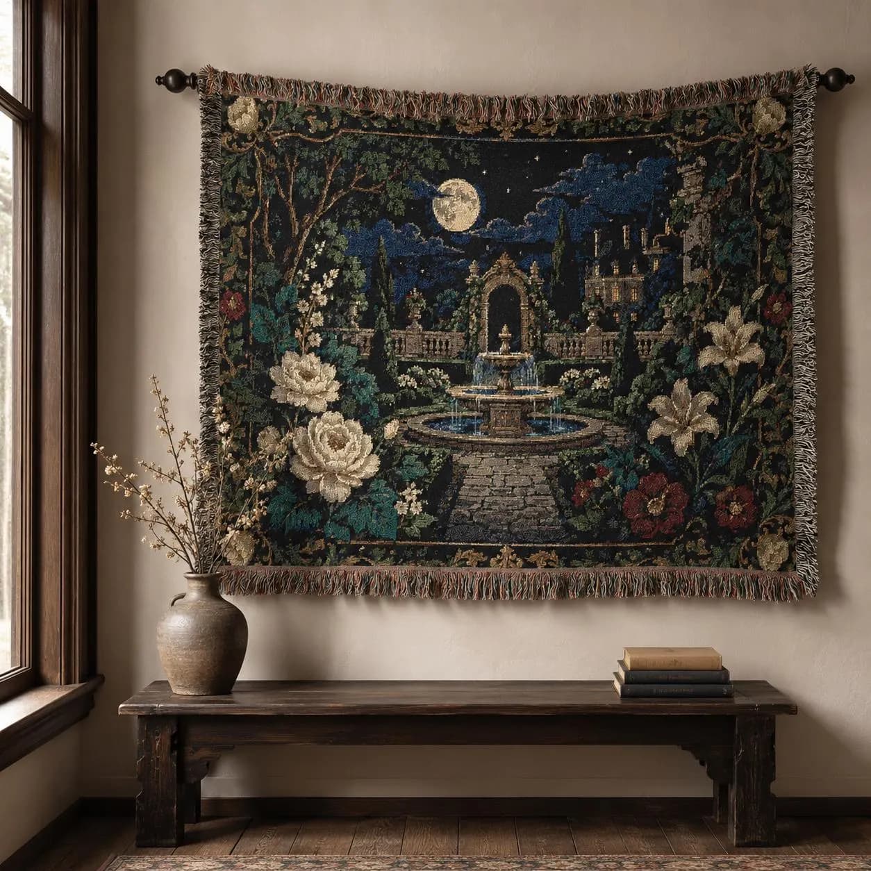 Horizontal woven blanket wall hanging with a moonlit garden fountain, stone path, chateau ruins, full moon, white roses, lilies, red flowers, dark green foliage, ornate floral border, and fringed textile edges.