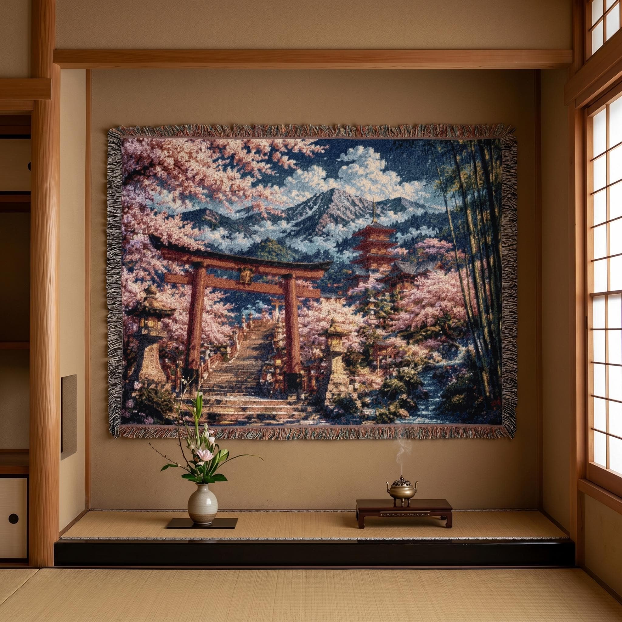 Japanese Cherry Blossom Tapestry Wall Hanging Large Wall Tapestry Woven Throw Blanket Sakura Torii Gate Pagoda Mountain Landscape Zen Decor