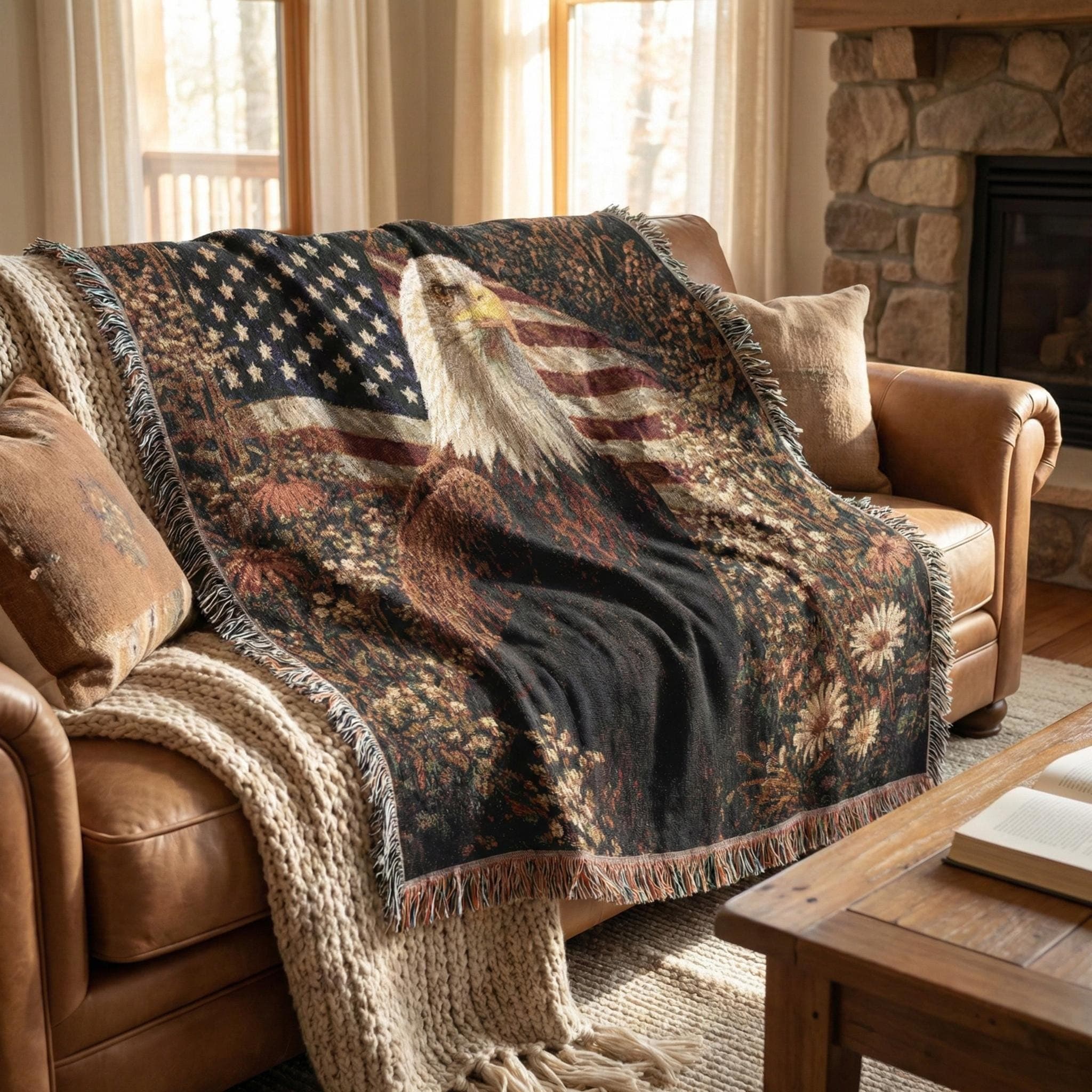 Patriotic woven tapestry wall hanging featuring a bold bald eagle in front of a vintage American flag, framed by wildflowers in warm rustic tones. Textured woven blanket throw with fringe, made for cabin, lodge, man cave, office, or living room wall decor. Also works as a cozy couch throw. Americana wall art gift for veterans, military families, Fourth of July and Memorial Day, plus USA pride and history lovers. Perfect for farmhouse entryway, den, or game room decor, with woven texture.