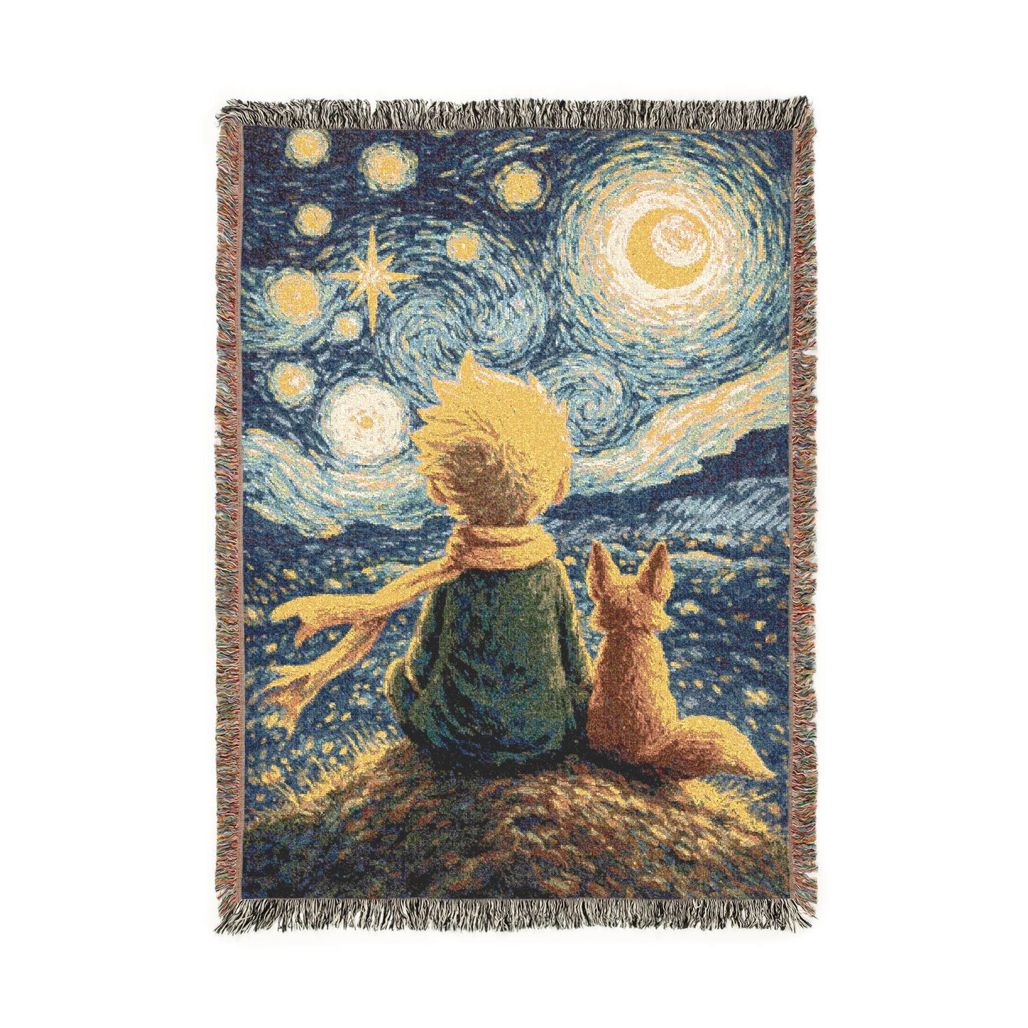 Woven tapestry wall hanging featuring a whimsical boy and fox sitting together under a glowing starry night sky with swirling celestial clouds, moon, stars, and deep blue painterly texture. Storybook inspired wall decor with warm golden highlights and fringe edges, perfect for bedroom, nursery, dorm, reading nook, or cozy living room styling. Also works as a woven throw blanket. Great gift for fox lovers, stargazers, whimsical decor fans, and celestial room decor collectors.