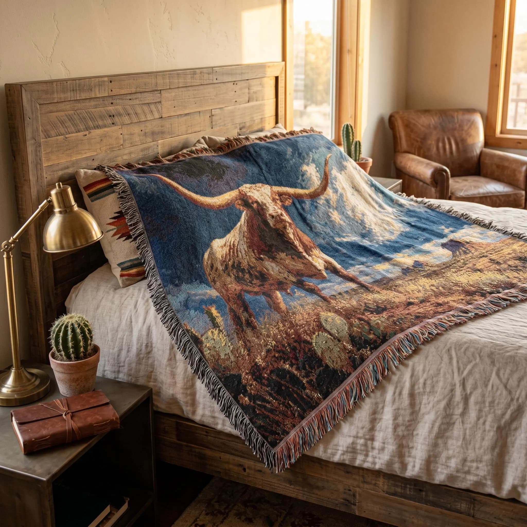 Woven tapestry wall hanging featuring a majestic Texas longhorn standing in a sunlit western desert with sweeping horns, dry grass, cactus, and distant mesas beneath a dramatic blue sky with glowing clouds. Rustic western wall art with ranch, farmhouse, and southwest decor appeal, ideal as a woven throw blanket, longhorn home accent, living room or entryway decor, and gift for cowboy, Texas, country, and desert landscape lovers. Bold western statement art for rustic spaces.