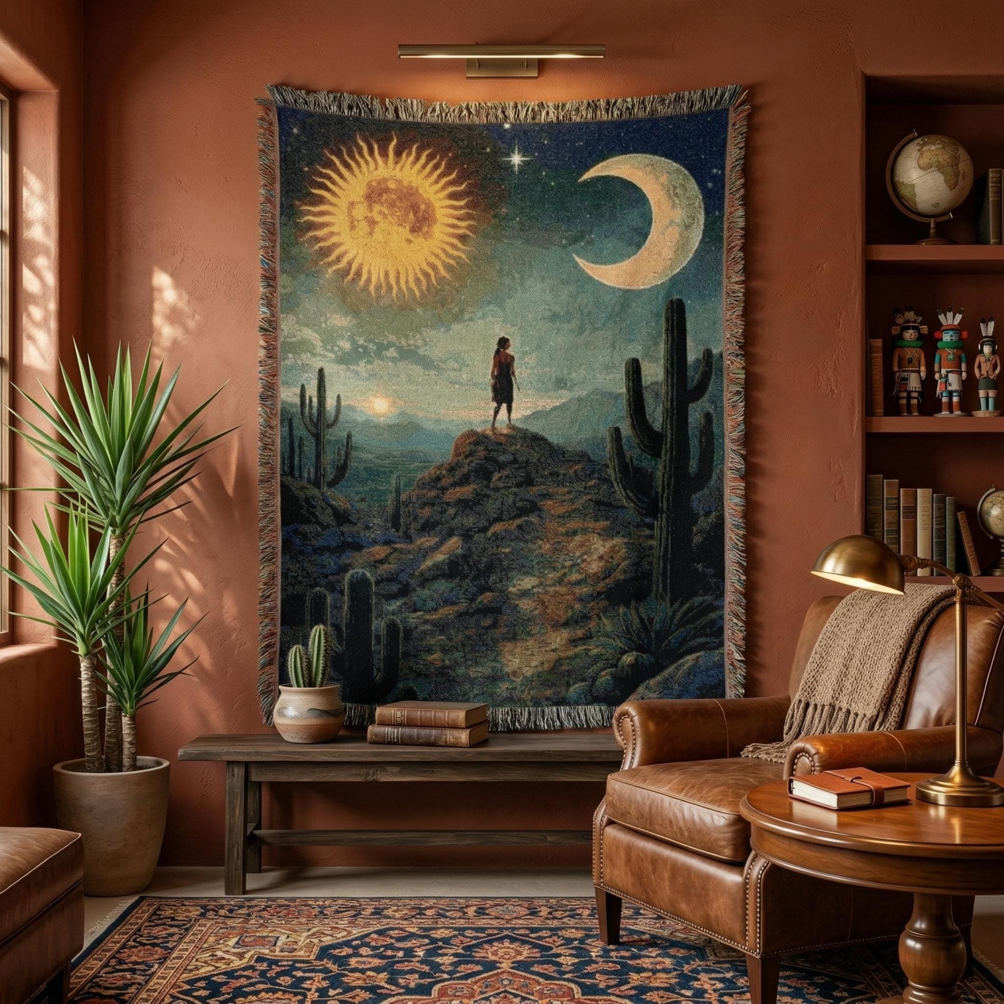 Woven tapestry wall hanging featuring a mystical desert landscape with a glowing sun, crescent moon, starry sky, tall saguaro cacti, mountains, and a lone figure standing on a rocky path at twilight. Celestial desert wall art with Southwestern boho style, spiritual scenery, and vintage woven texture, ideal as a large wall tapestry, woven throw blanket, sun and moon decor, cactus room accent, meditation space decor, and unique gift for celestial lovers, boho decor fans, and desert art collectors