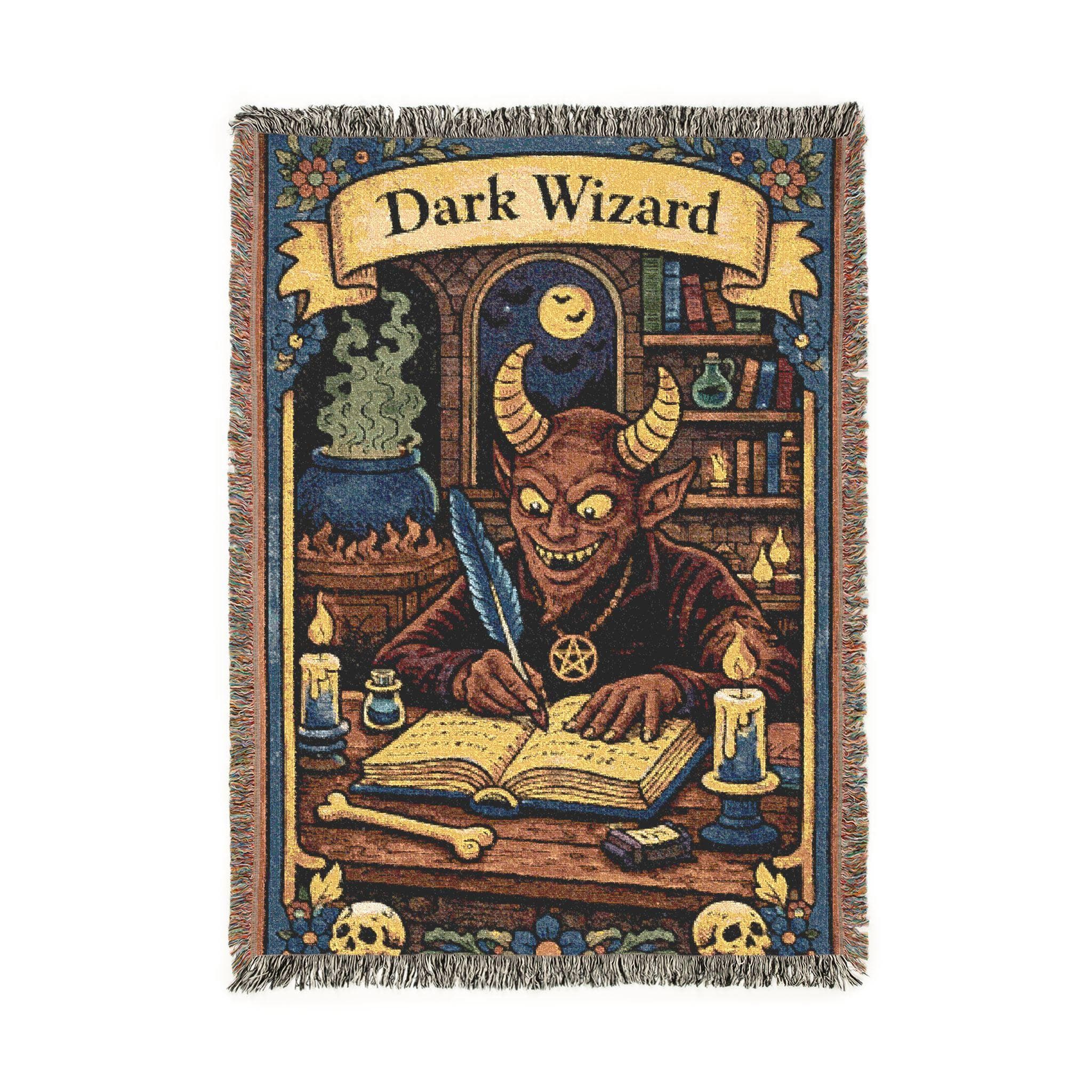 Woven tapestry wall hanging featuring a horned dark wizard writing in a spell book by candlelight, with a smoking cauldron, moonlit window, shelves of books and potions, skulls, bones, and gothic floral border detail. Fantasy wall art with witchy decor, occult study mood, and vintage woven texture, ideal as a large wall tapestry, decorative throw blanket, dark academia room accent, gaming room decor, and gift for wizard lovers, fantasy fans, dungeon masters, and Halloween home collectors.