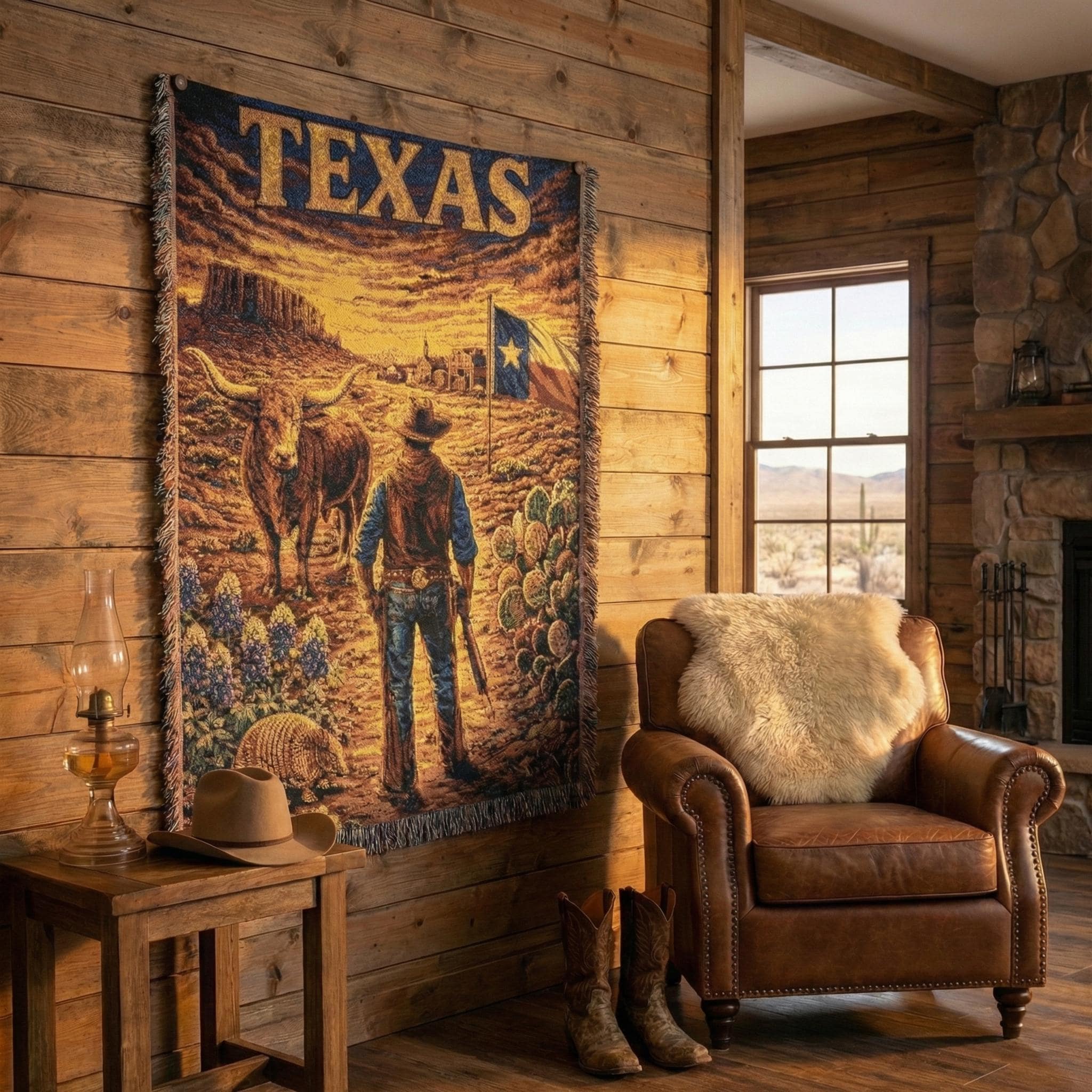 Texas Tapestry Wall Hanging Western Cowboy Longhorn Woven Throw Blanket Rustic Ranch Decor Vintage Desert Landscape Classic Wall Tapestry