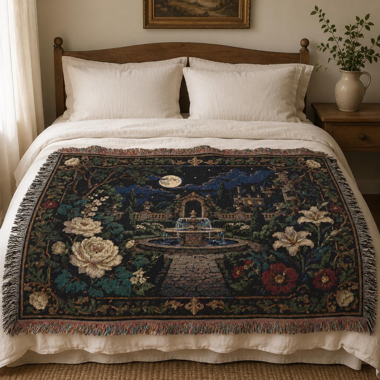 Horizontal woven blanket wall hanging with a moonlit garden fountain, stone path, chateau ruins, full moon, white roses, lilies, red flowers, dark green foliage, ornate floral border, and fringed textile edges.