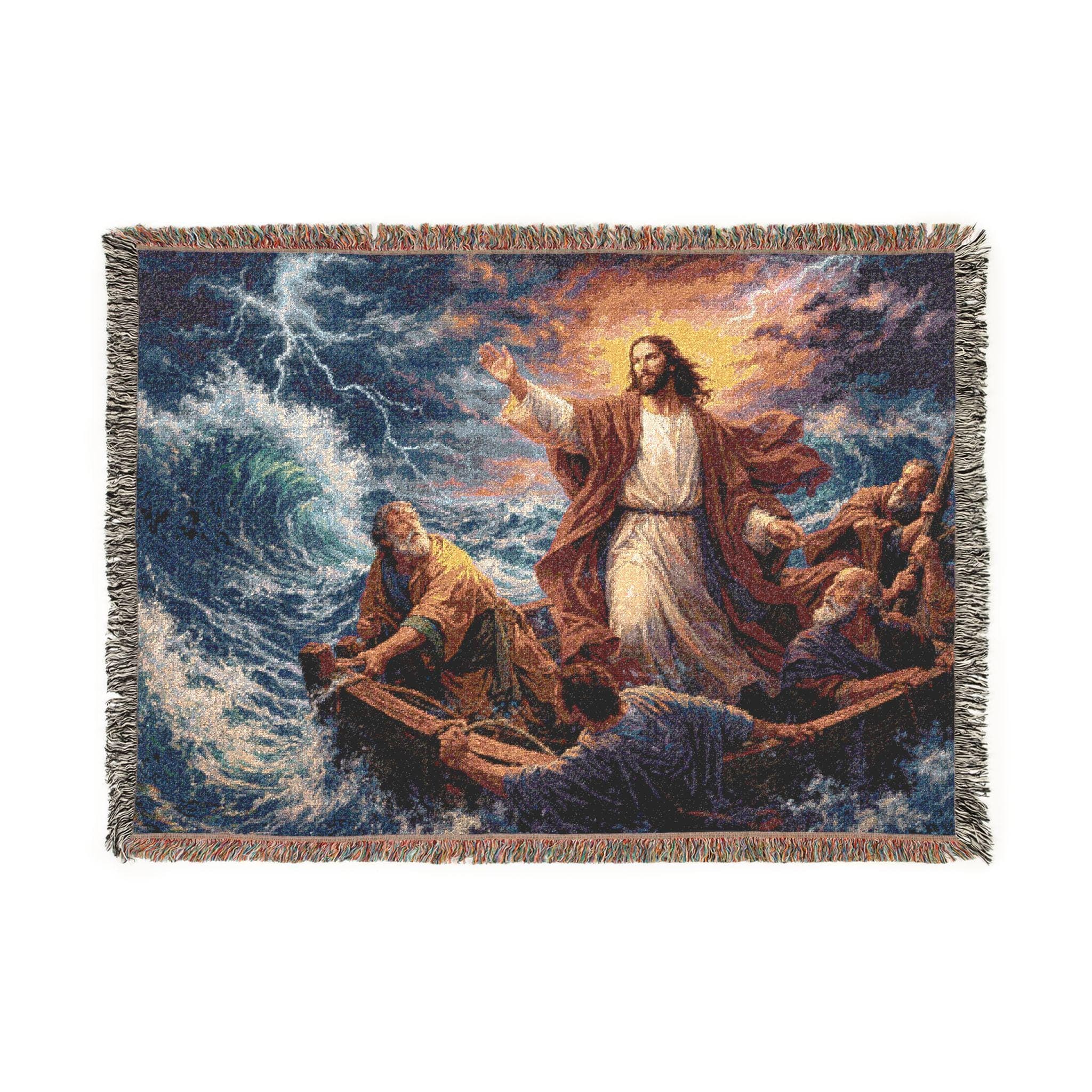 Woven tapestry wall hanging featuring Jesus calming the storm while standing in a small boat surrounded by crashing waves, lightning, and dark dramatic clouds, with disciples holding on through the sea. Christian wall art with biblical ocean scene, faith inspired imagery, and powerful vintage painting detail, ideal as a large wall tapestry, woven throw blanket, religious home decor, prayer room accent, church gift, and meaningful statement piece for believers, pastors, and Bible study spaces.