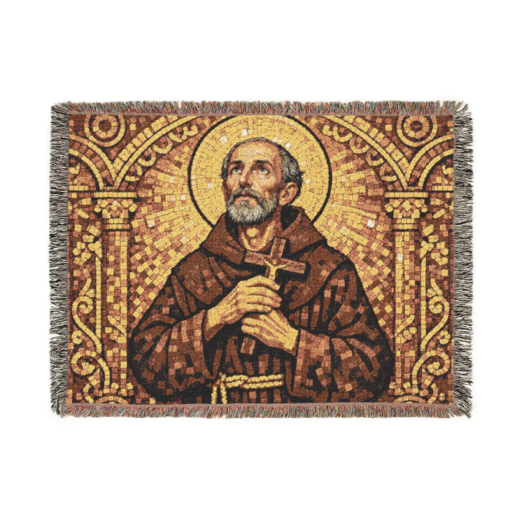 Religious woven tapestry blanket featuring a vintage mosaic-style saint with a golden halo, holding a wooden cross, framed by ornate arches in warm gold and brown tones. Fringed woven throw that works as tapestry wall art, Catholic wall decor, Christian wall hanging, prayer room or church decor. Medieval inspired textile, classic wall tapestry, sacred art blanket, cozy statement decor for bedroom or living room. Meaningful gift for Catholic friends, confirmation, baptism, or house blessing.