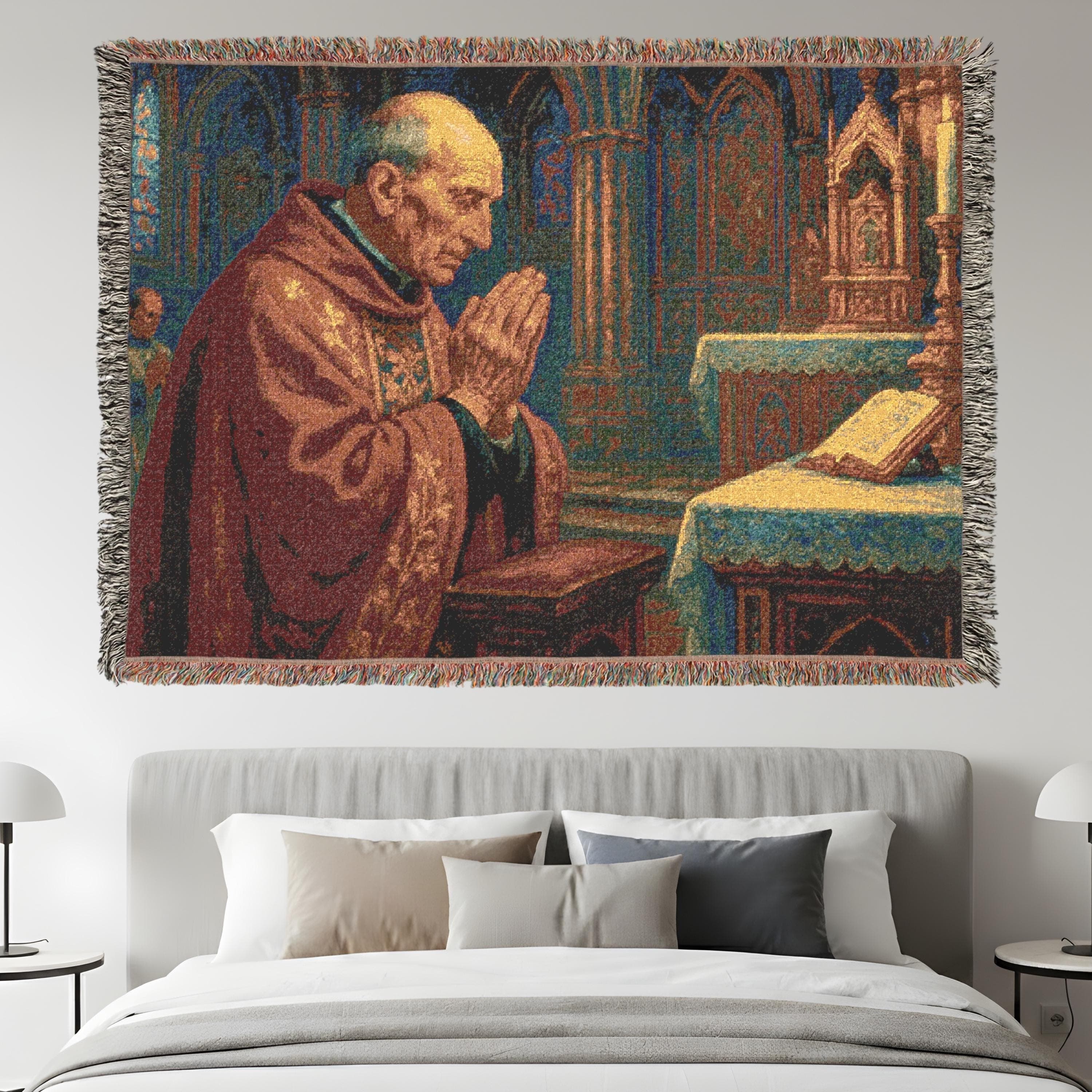 Woven tapestry wall hanging featuring a monk praying inside a cathedral — a detailed religious art scene inspired by Christian and Catholic faith. This woven tapestry blanket also serves as a sofa throw, bed blanket, wall decor, or meditation rug alternative, adding warmth and peaceful spirituality to any home. Perfect for lovers of religious art, prayer decor, Catholic gifts, and European woven textiles, bringing calm, devotion, and vintage elegance into your sacred space.