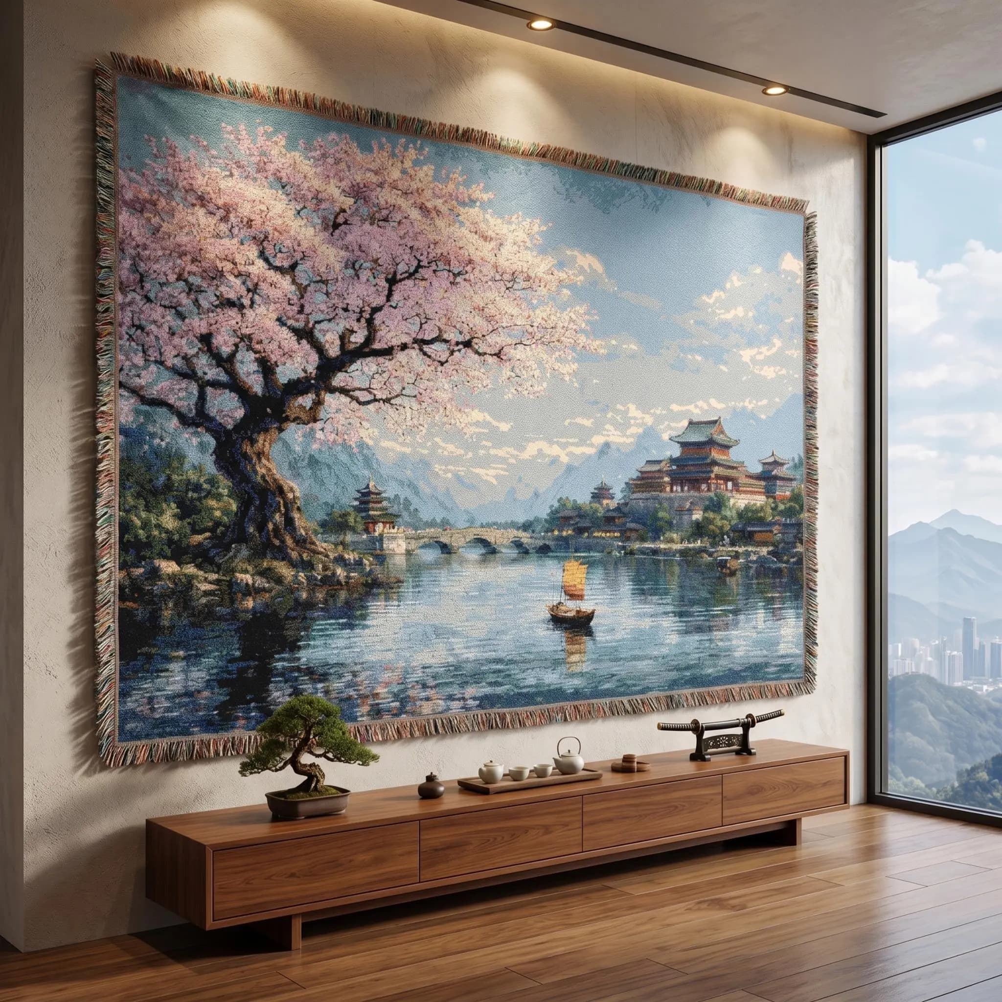 Cherry Blossom Tapestry Wall Hanging Asian Landscape Wall Art Traditional Lake Palace Decor Scenic Spring Woven Throw Blanket Home Decor