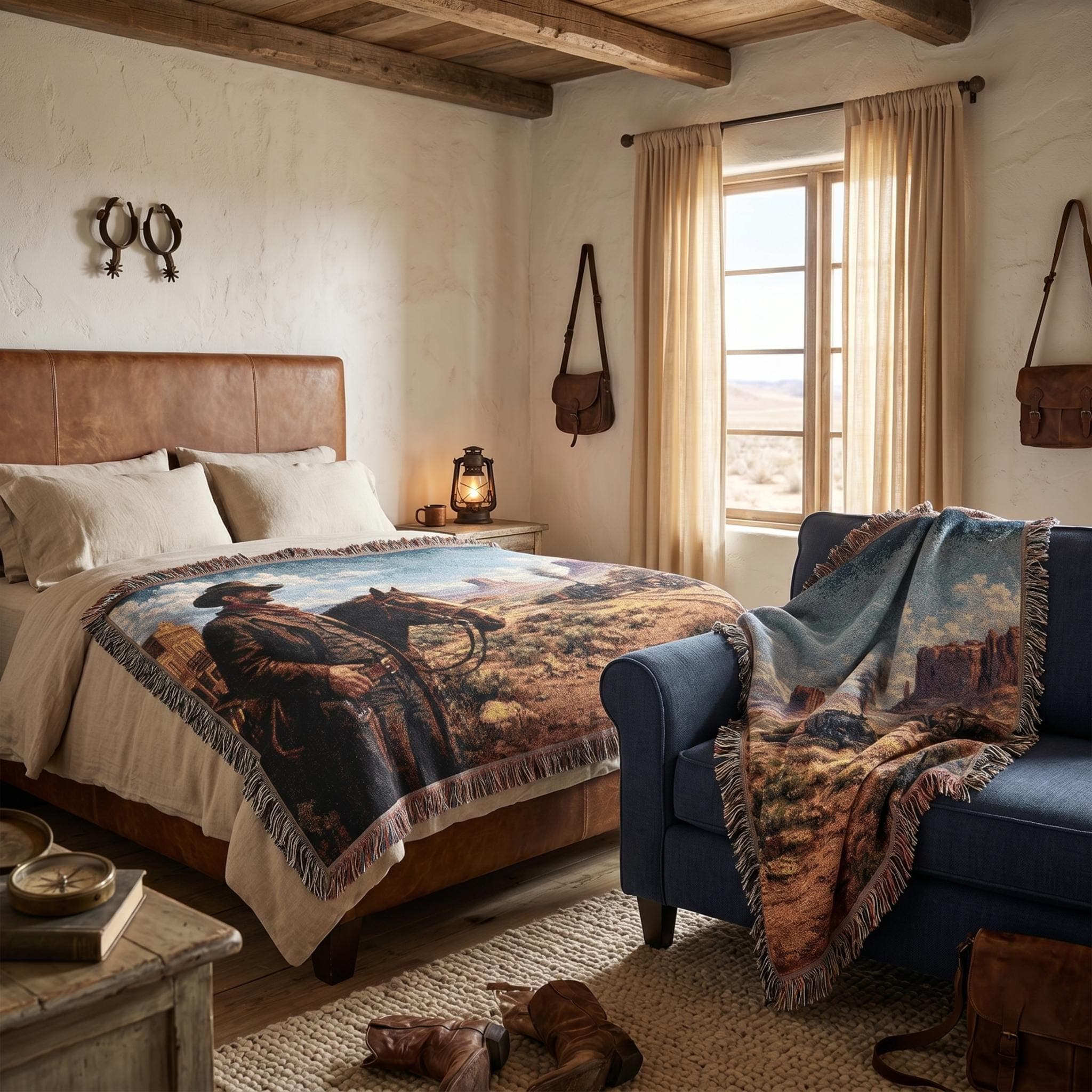 Woven tapestry wall hanging featuring a rugged cowboy standing beside his horse in an old western desert town, with a steam train, dusty road, wooden buildings, and mesa rock formations under a bright blue sky. Vintage Old West wall art with rustic ranch decor mood and frontier scenery, ideal as a large wall tapestry, western home accent, man cave decor, horse lover gift, ranch room decor, and statement piece for cowboy, train, and desert landscape fans.