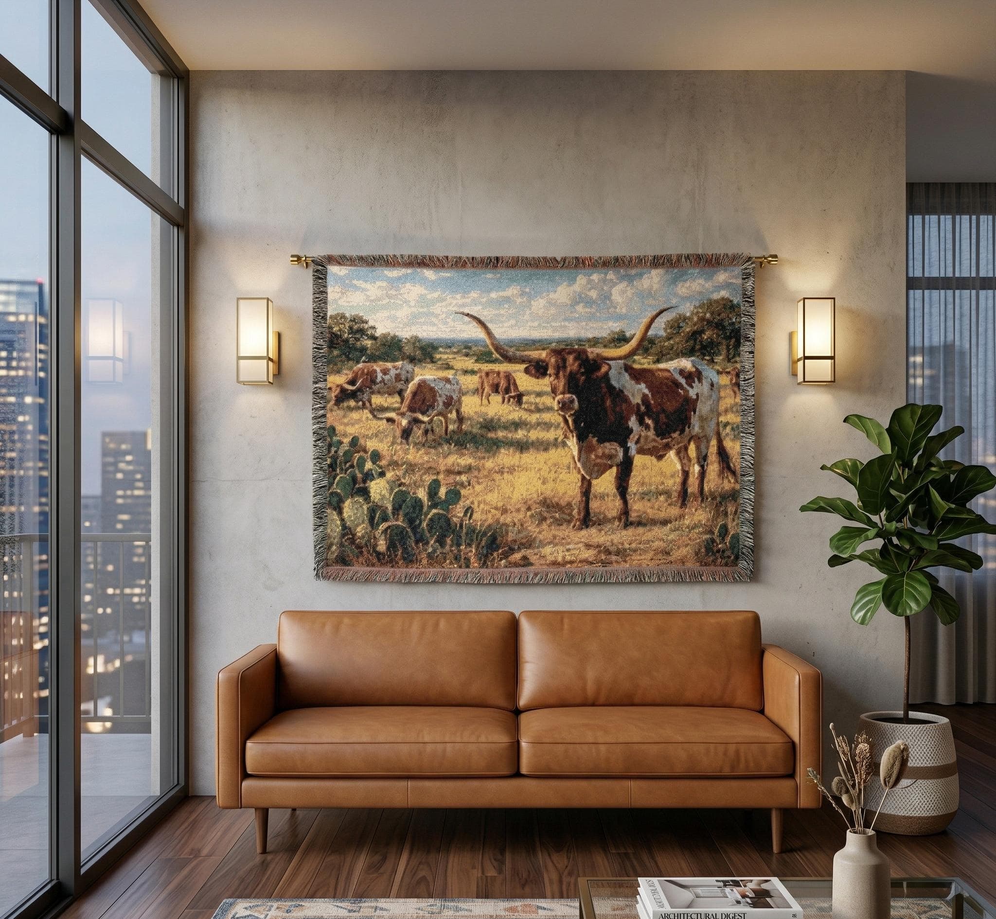 Woven tapestry wall hanging featuring Texas longhorn cattle standing in a sunlit prairie with cactus, dry grass, oak trees, and a bright sky filled with soft clouds. Rustic western wall art with ranch landscape scenery, farmhouse texture, and warm country colors. Ideal as a longhorn tapestry, western throw blanket, ranch decor accent, Texas cattle wall hanging, southwestern home decor, rustic farmhouse wall art, cowboy room decor, and gift for ranch lovers, cattle lovers, and country home decor