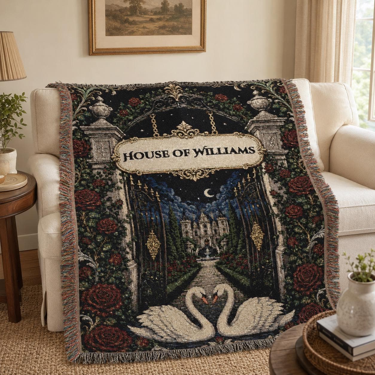 Personalized wedding tapestry artwork with a blank custom name plaque, moonlit manor gate, red roses, distant chateau, two white swans forming a heart, antique gold details, and romantic estate wall hanging style.