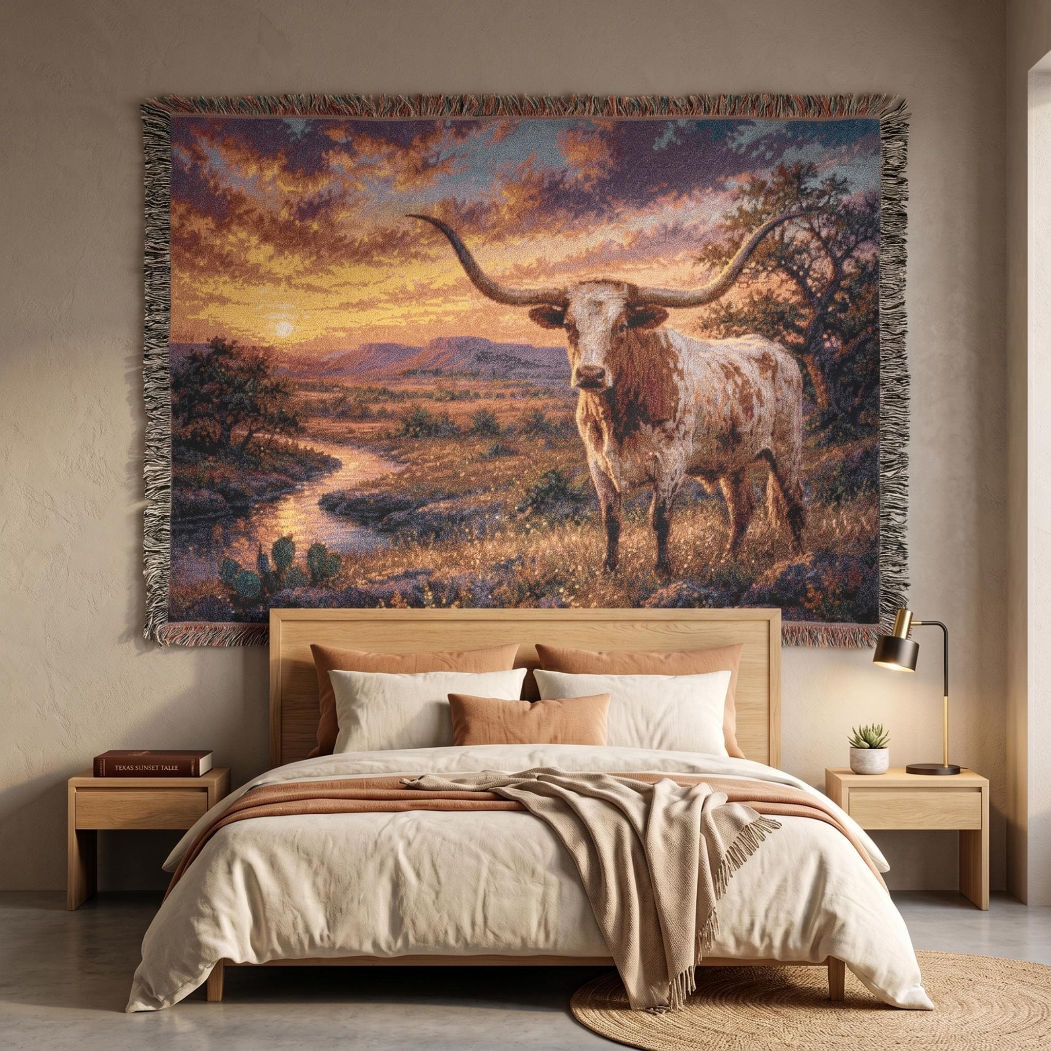 Texas Longhorn Tapestry Wall Hanging Western Ranch Wall Art Rustic Southwestern Decor Desert Sunset Woven Throw Blanket Country Home Accent