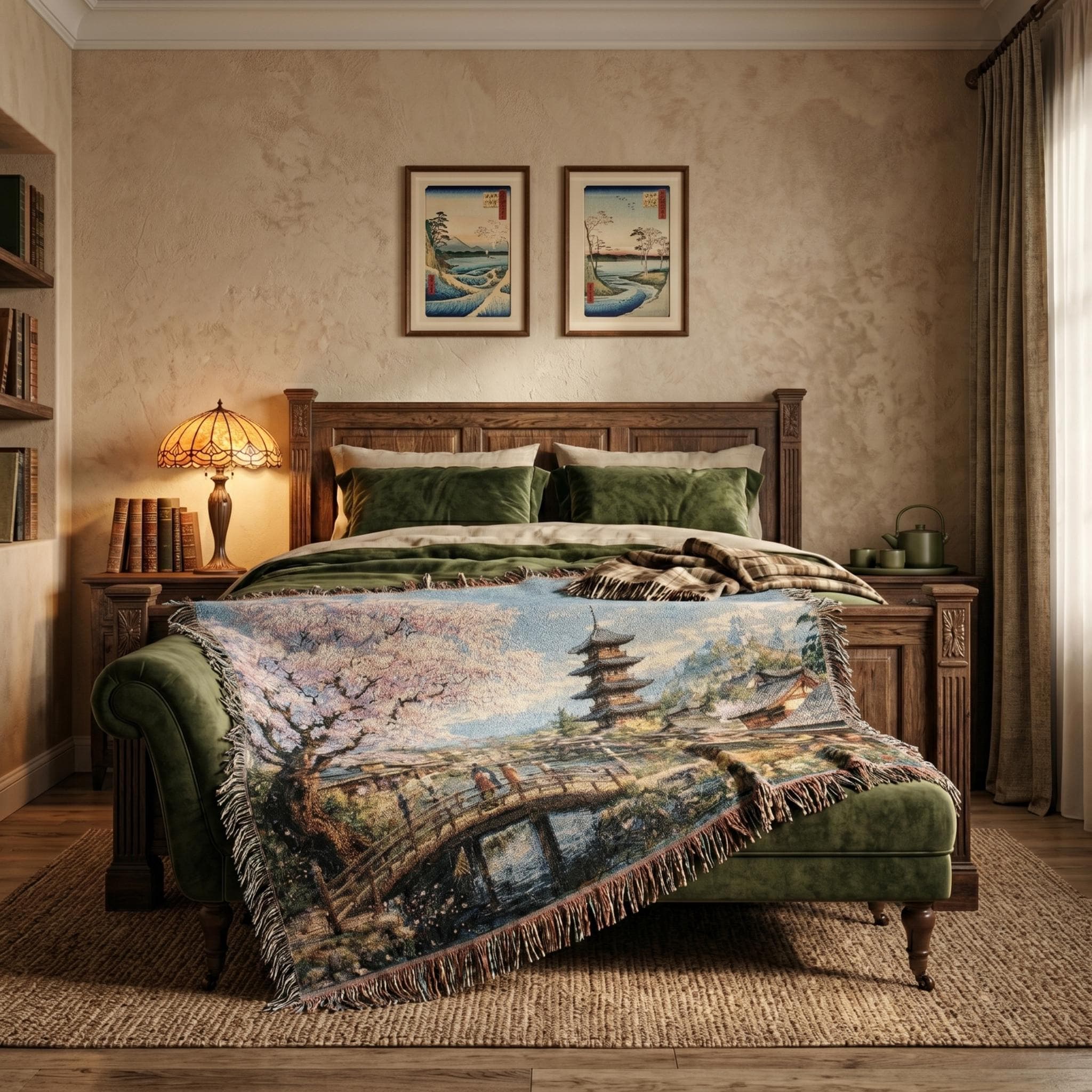 Woven tapestry wall hanging featuring a peaceful Japanese village in spring with a blooming cherry blossom tree, wooden bridge, calm canal, traditional houses, and a tall pagoda beneath a bright blue sky. Scenic sakura wall art with soft pink blossoms, reflective water, and serene old world detail, ideal as a large wall tapestry, decorative throw blanket, Japanese home decor accent, and gift for cherry blossom lovers, spring decor fans, and collectors of tranquil landscape art.