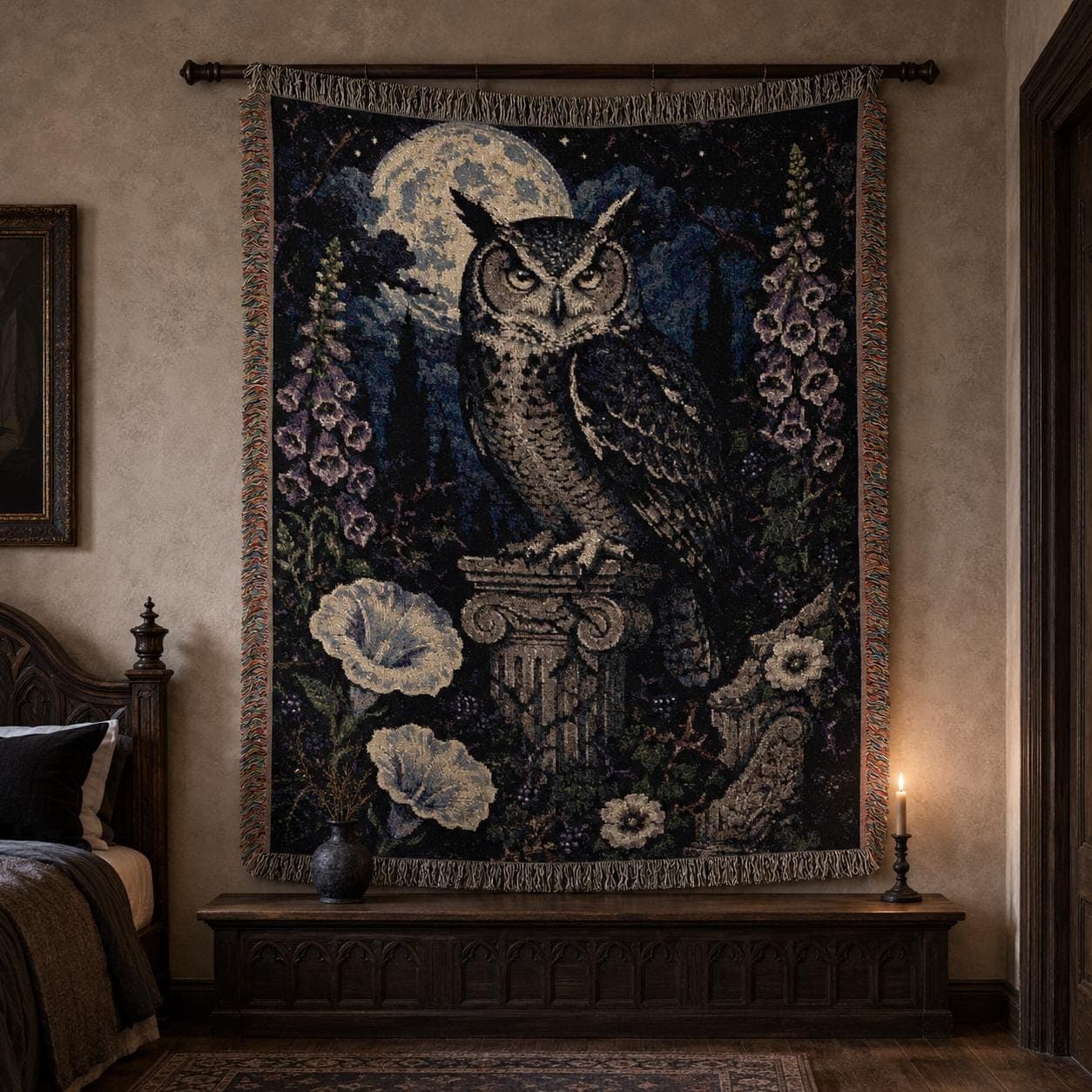Gothic Owl Tapestry Wall Hanging Moonlit Foxglove Wall Art Large Wall Tapestry Woven Throw Blanket Witchy Botanical Dark Academia Decor