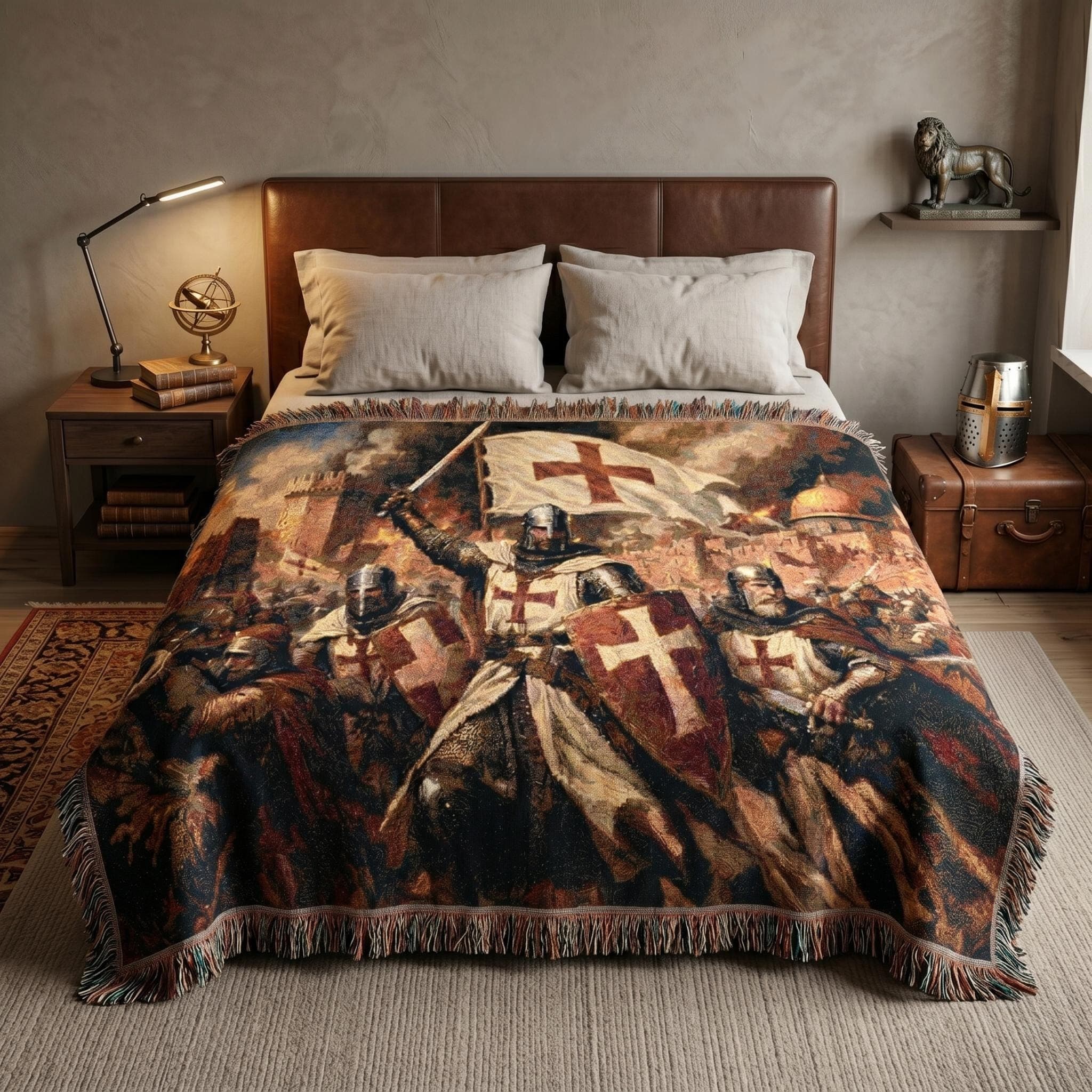 Woven tapestry wall hanging featuring Crusader knights in armor raising cross marked shields and banner during a dramatic medieval battle, with Jerusalem style stone walls, a golden domed city, smoke, swords, and historic Christian warrior imagery. Vintage religious wall art with Templar inspired detail and bold old world atmosphere, ideal as a large wall tapestry, woven throw blanket, medieval decor accent, and gift for history lovers, knight collectors, and Christian art fans.