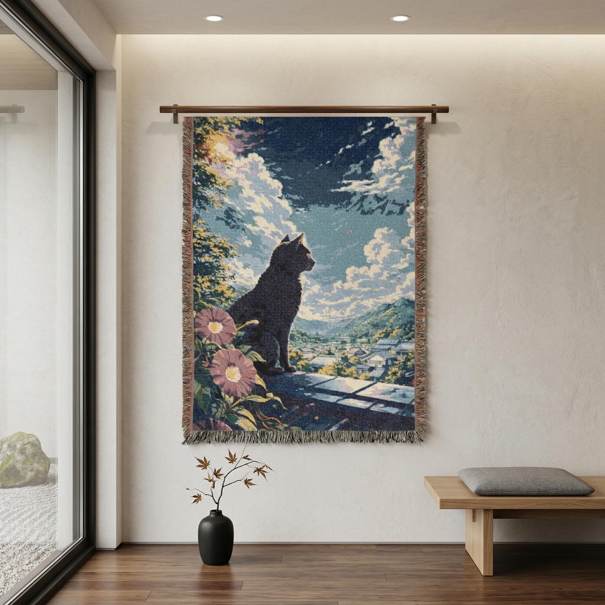 Black Cat Tapestry Wall Art Woven Throw Large Blanket Japanese Landscape Anime Wall Hanging Mountain Scenery Decor Cat Lover Gift Bedroom