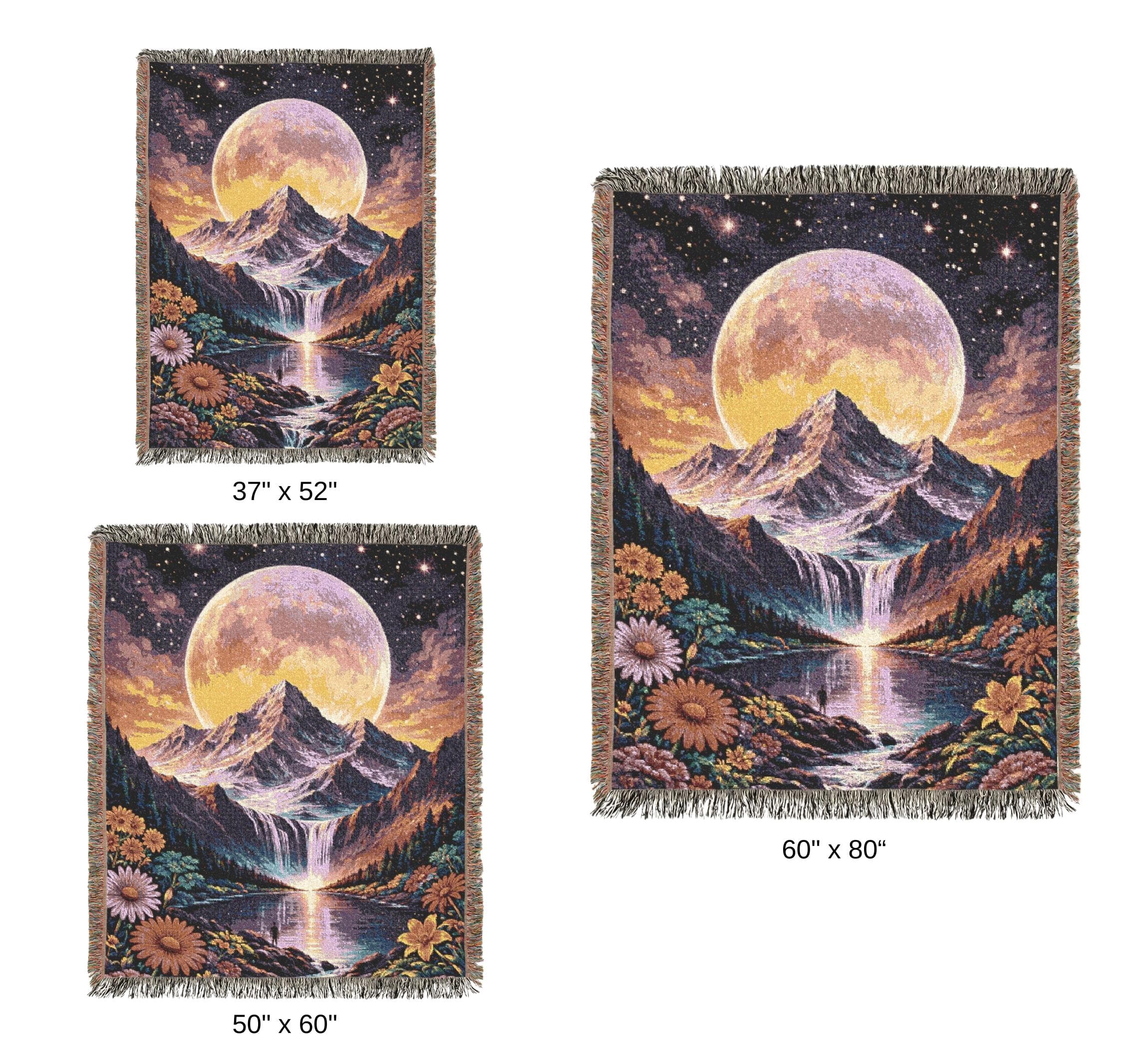 Moody Tapestry Wall Art Moon Mountain Wall Hanging  Art Woven Tapestry Blanket Starry Night Landscape Waterfall Lake Wildflower Decor Fringe - image 5