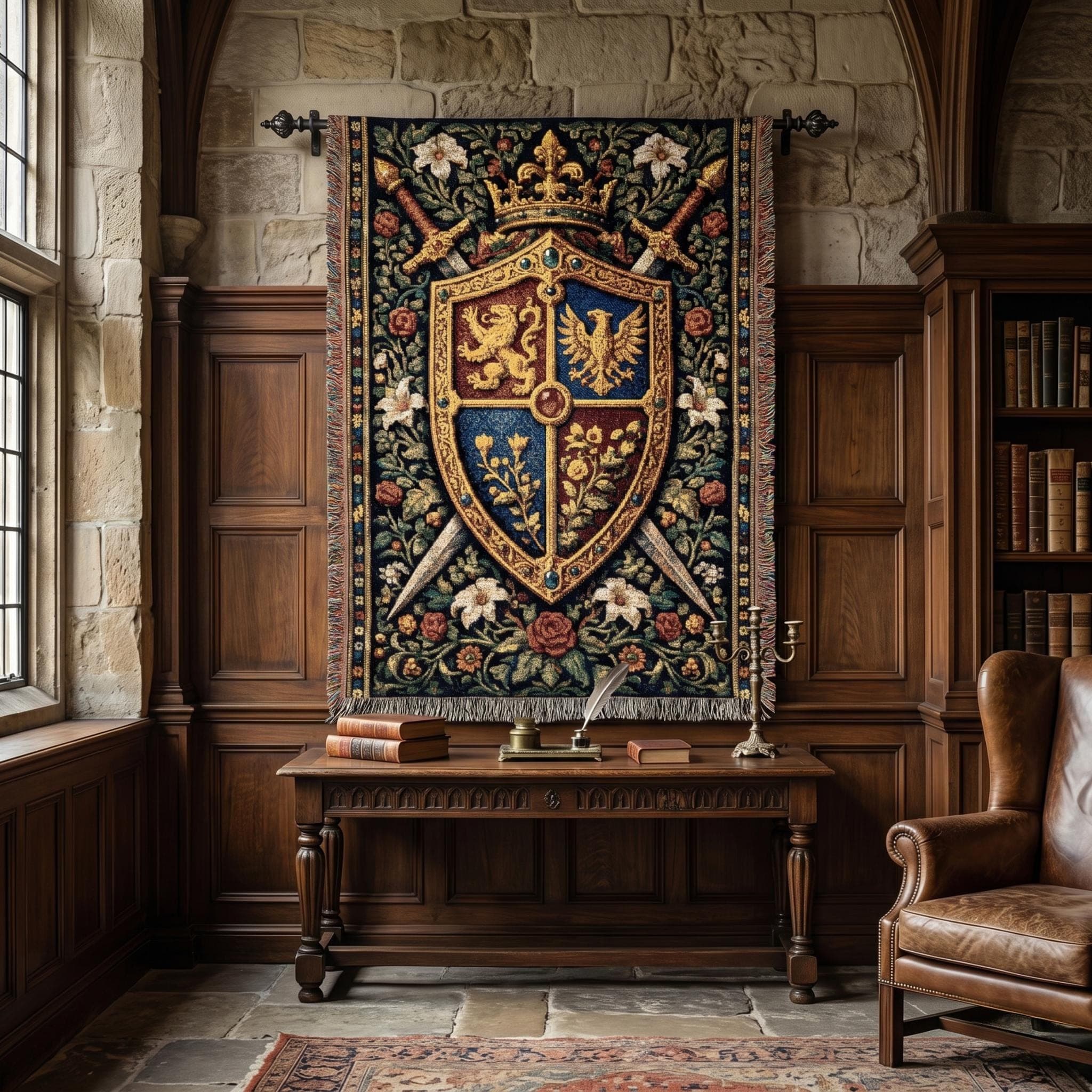 Medieval Heraldic Shield Tapestry Wall Hanging Gothic Floral Wall Art Woven Throw Blanket Royal Crest Fantasy Castle Decor Vintage Home Gift