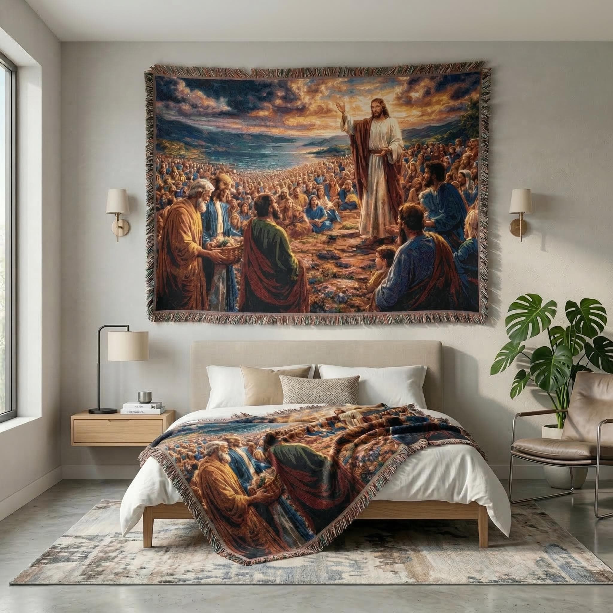 Woven tapestry wall hanging featuring Jesus teaching and feeding the multitude, surrounded by disciples and a large crowd under a glowing sunset sky beside the water. Christian Bible scene wall decor with rich woven texture and fringe, ideal for prayer room, church, living room, bedroom, or study. Also works as a woven throw blanket. Meaningful religious wall art gift for Christian family, Bible study group, baptism, confirmation, housewarming, and faith-centered home decor.