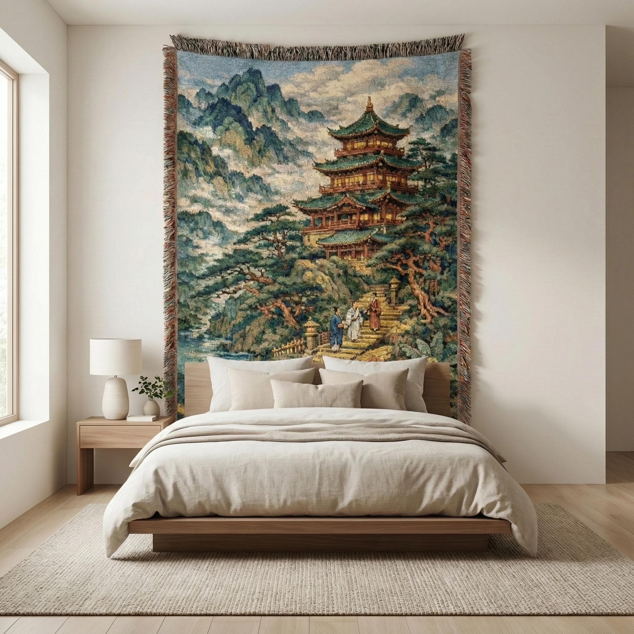 Woven tapestry wall hanging with a serene Chinese style landscape: a tiered pagoda temple on a misty mountain cliff, pine trees, stone steps with travelers, and a quiet river below in jade greens and warm gold tones. Vintage chinoiserie mood with a richly textured woven look. Works as a statement wall hanging, woven tapestry blanket throw, or scenic wall art for a zen bedroom, meditation corner, tea room, or calm office. Gift for Asian decor lovers, nature hikers, and calm home aesthetic fans.