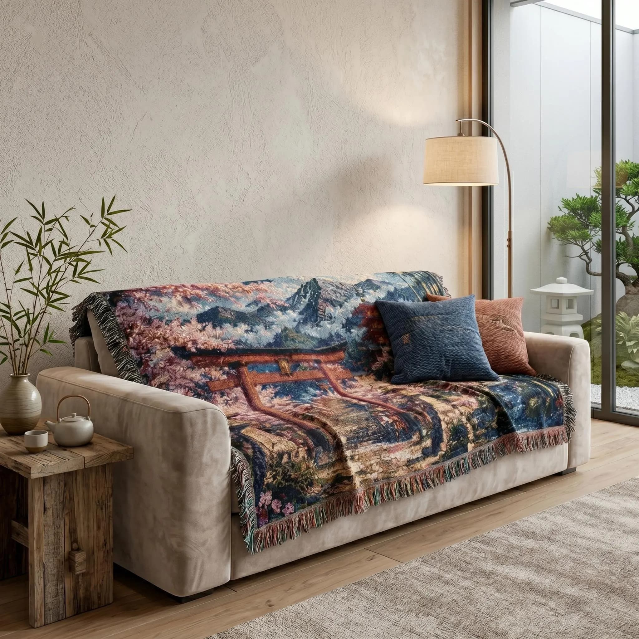 Japanese cherry blossom woven tapestry wall hanging featuring pink sakura trees, a red torii gate, pagoda temple, stone steps, lanterns, bamboo, snowy mountains, and a peaceful spring landscape. This large wall tapestry works as Japanese wall art, zen room decor, Asian inspired home decor, landscape wall decor, cottagecore room accent, woven throw blanket, bed blanket, couch throw, or a gift for Japan lovers, cherry blossom lovers, travel lovers, and nature decor fans.