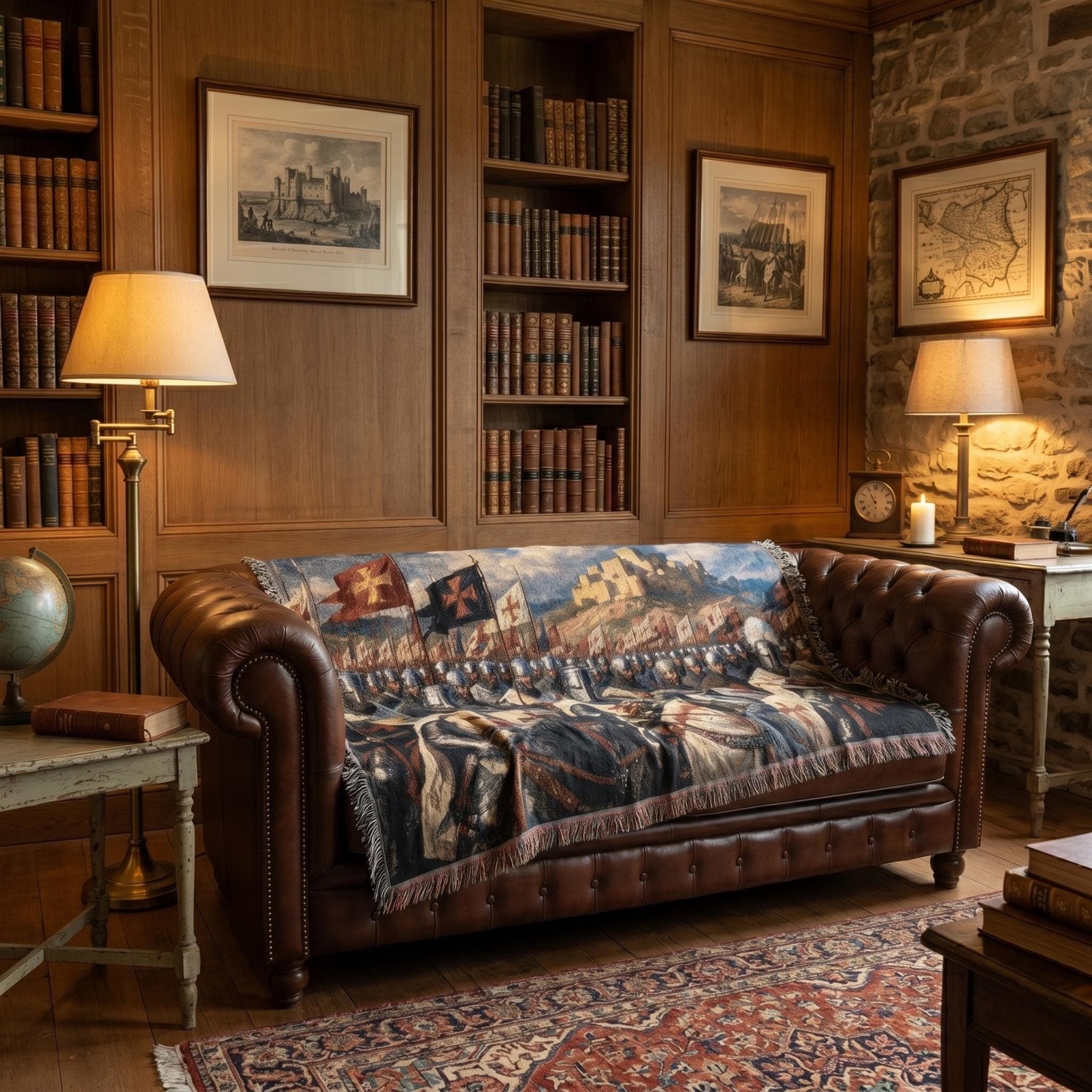 Woven tapestry wall hanging featuring a dramatic Crusader army scene with armored Templar knights on horseback, raised cross banners, a fortified castle on a hill, and rows of medieval soldiers beneath a bright cloud filled sky. Historic battle wall art with Christian warrior imagery, old world detail, and vintage woven texture, ideal as a large wall tapestry, throw blanket, study decor, game room accent, and gift for history lovers, knight fans, and medieval decor collectors.