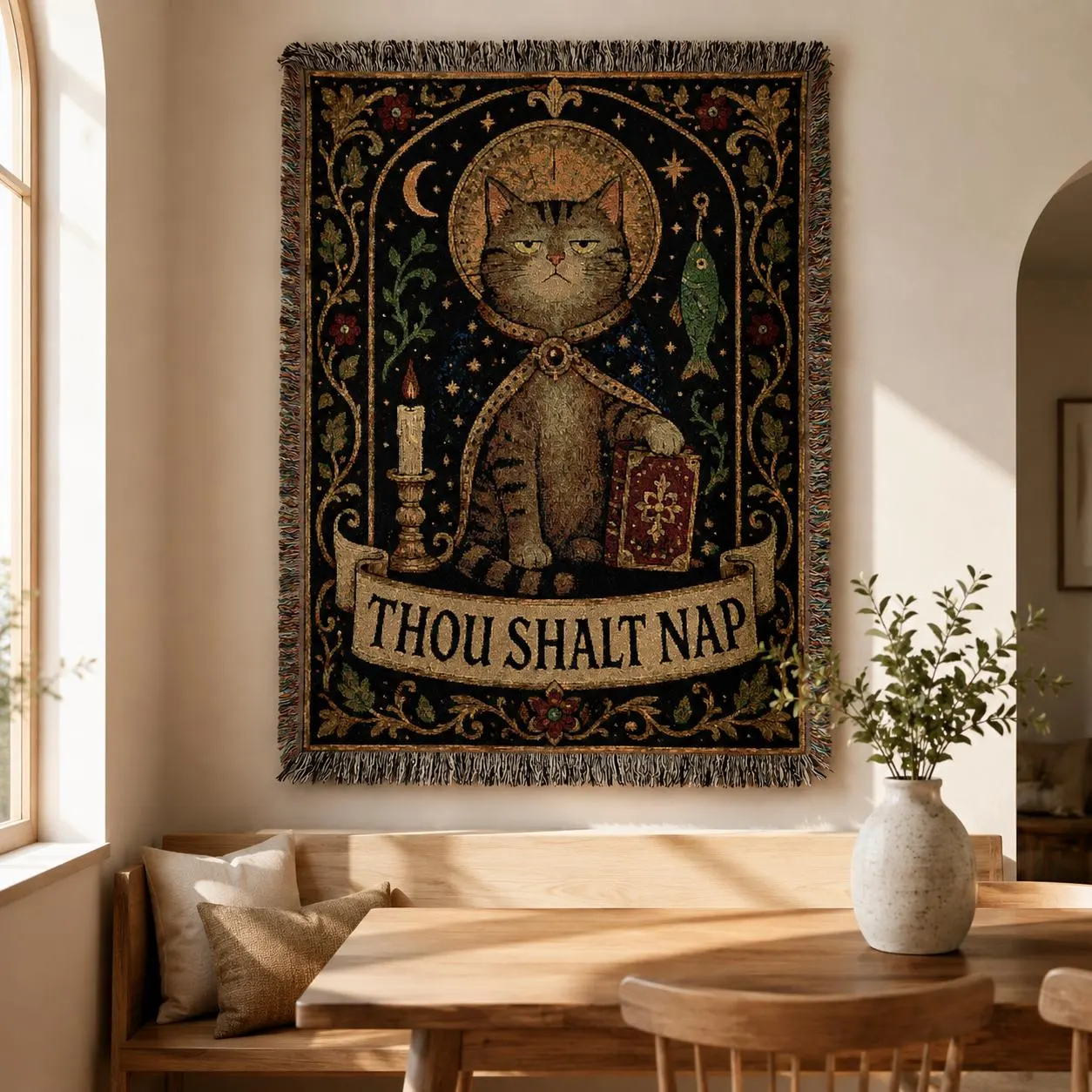 Weird Medieval Cat Tapestry Wall Hanging Thou Shalt Nap Funny Cat Wall Art Woven Throw Blanket Gothic Cat Decor Cat Lover Gift Vintage Decor