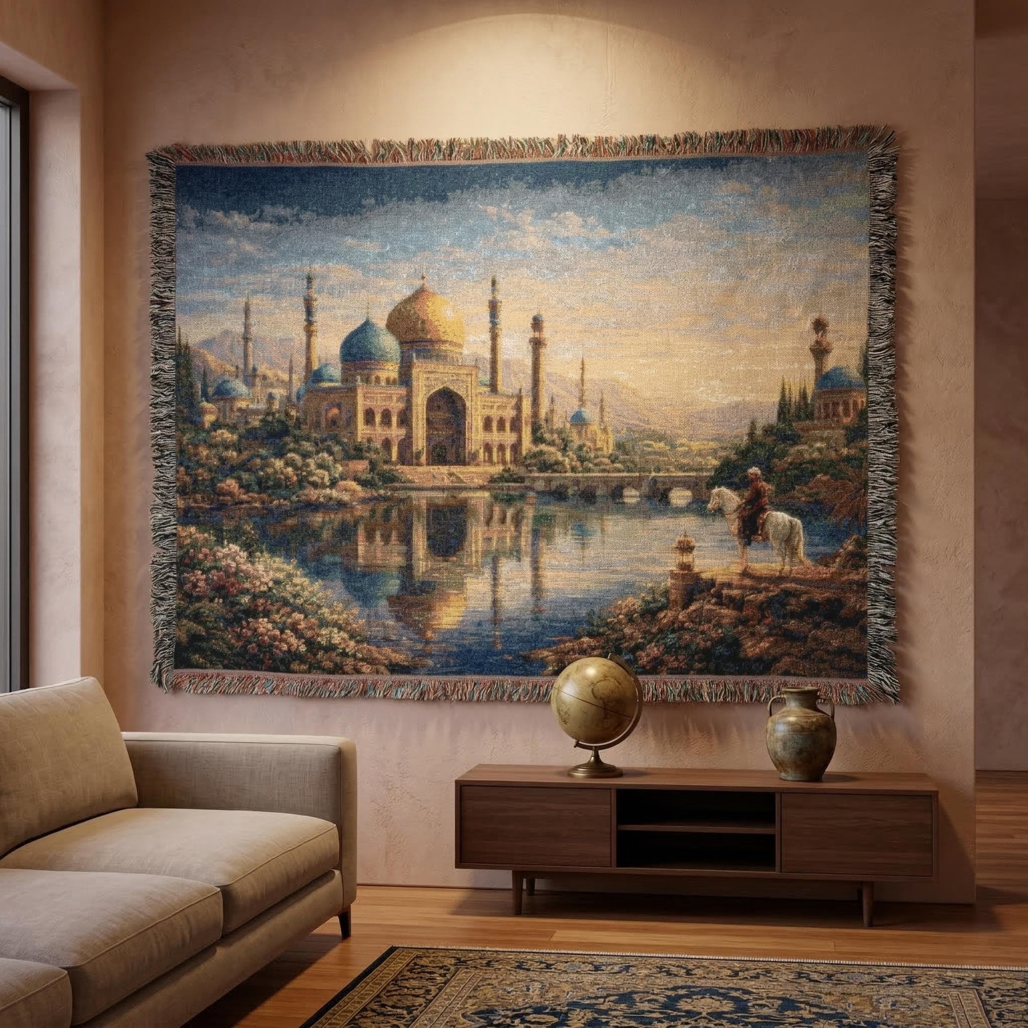 Persian Palace Tapestry Wall Hanging Sunset Lake Landscape Woven Throw Blanket Moorish Middle Eastern Wall Art Maximalist Bedroom Decor Gift
