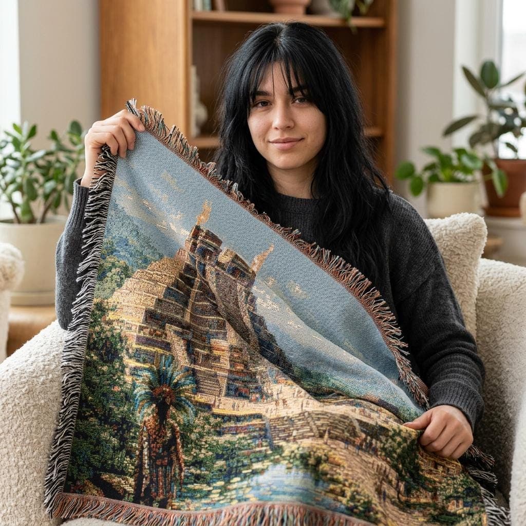 Woven tapestry wall hanging featuring a grand Mayan pyramid city surrounded by jungle greenery, stepped stone temples, ancient ruins, ceremonial stairways, and distant mountains under a bright sky. Historic wall art with old world architecture, archaeological atmosphere, and woven vintage, ideal as a large wall tapestry, decorative throw blanket, ancient civilization decor, study wall accent, library decor, and gift for history lovers, archaeology fans, and collectors of temple and ruins artwork