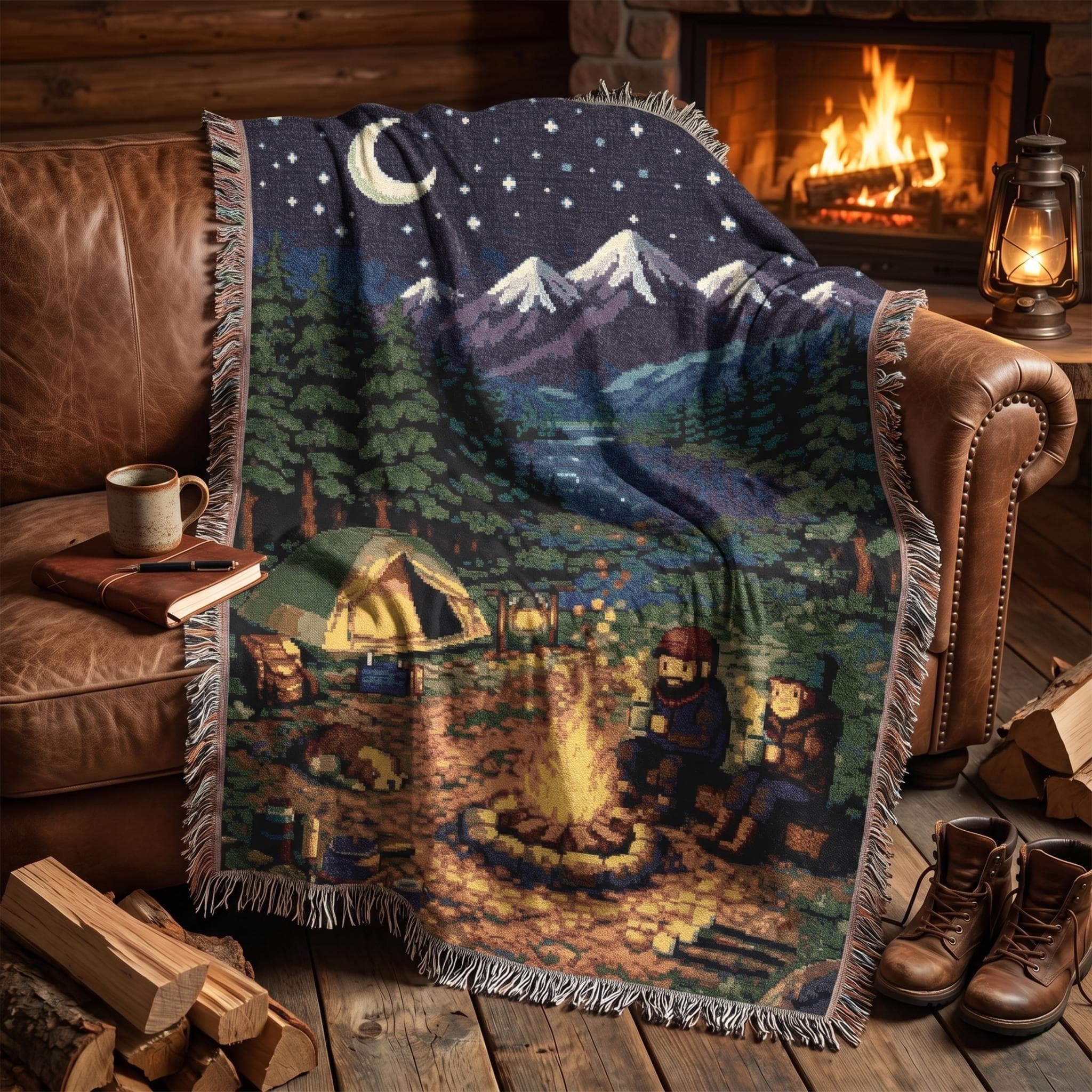 Woven tapestry wall hanging featuring a cozy mountain camping scene at night with two campers by a glowing campfire, a tent in the forest, a sleeping dog, pine trees, a lake, snowy peaks, and a crescent moon under a star filled sky. Rustic outdoor wall art with warm cabin style and peaceful wilderness detail, ideal as a large wall tapestry, scenic throw blanket, camping decor, camper gift, hiking room accent, and cozy lodge style decor for nature lovers and adventure fans.