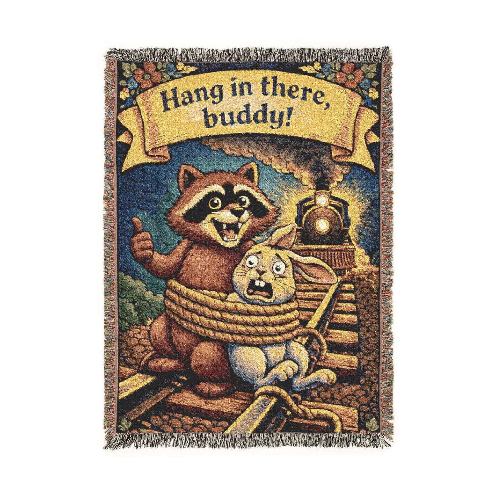 Woven tapestry wall hanging featuring a funny raccoon giving a thumbs up while a scared bunny is tied to train tracks, with a locomotive approaching behind them and the phrase “Hang in there, buddy!” above. Vintage style humorous animal wall decor with rich woven texture and fringe, ideal for game room, dorm, office, bar area, or quirky living room. Also works as a woven throw blanket. Great gift for raccoon lovers, meme fans, train lovers, and novelty decor collectors.