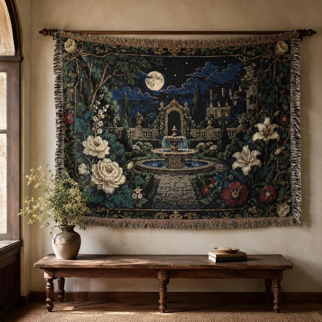 Moonlit Garden Fountain Tapestry Wall Hanging Gothic Floral Wall Art Large Wall Tapestry Woven Throw Blanket Old World Chateau Decor