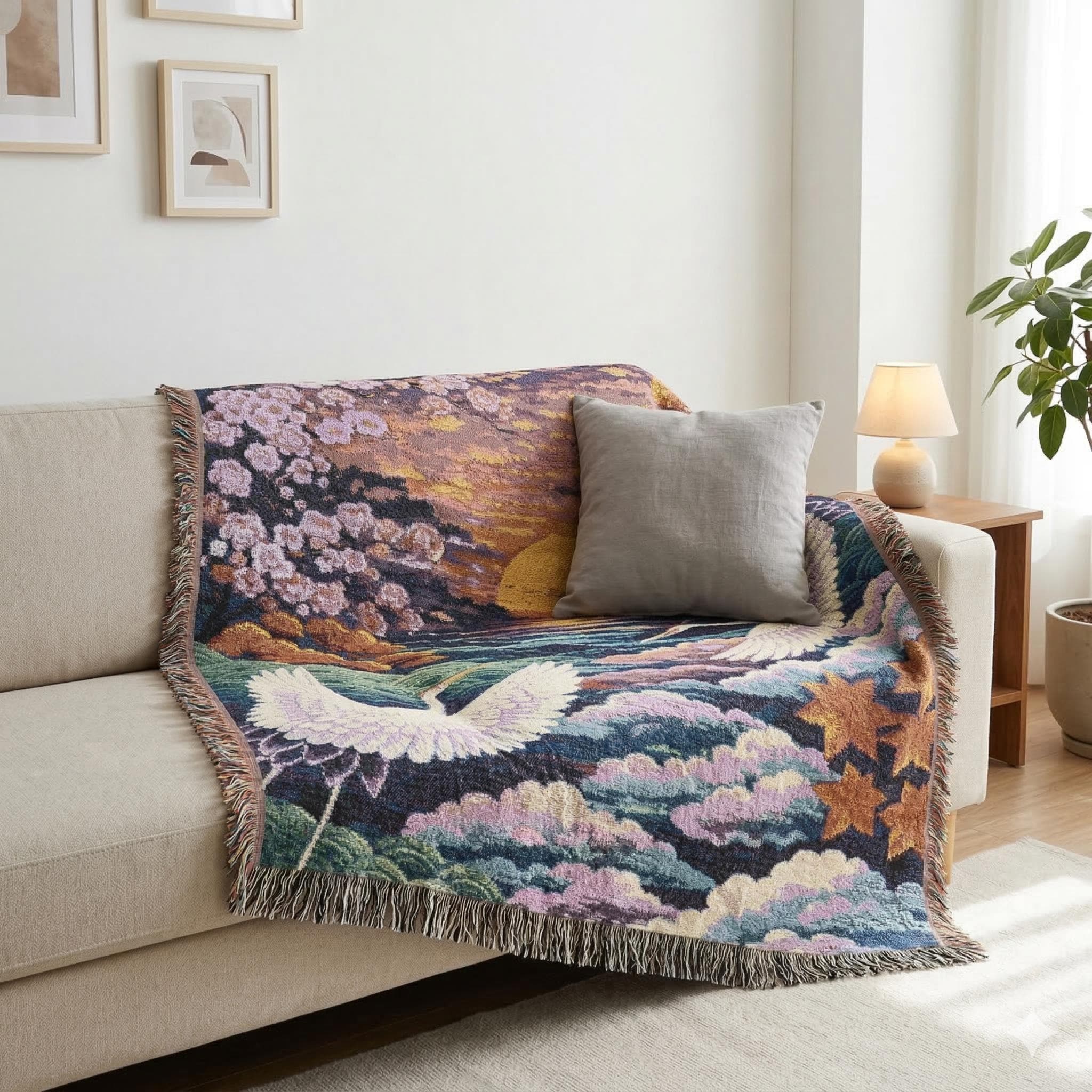 Woven tapestry wall hanging featuring two white Japanese cranes flying over layered clouds and ocean waves at sunset, framed by cherry blossoms and autumn leaves in soft pink, gold, teal, and lavender tones. Serene Asian landscape wall decor with rich woven texture and fringe, ideal for bedroom, living room, reading nook, meditation room, or zen corner. works as a woven throw blanket. Beautiful gift for bird lovers, Japanese decor fans, housewarmings, and peaceful nature-inspired home styling