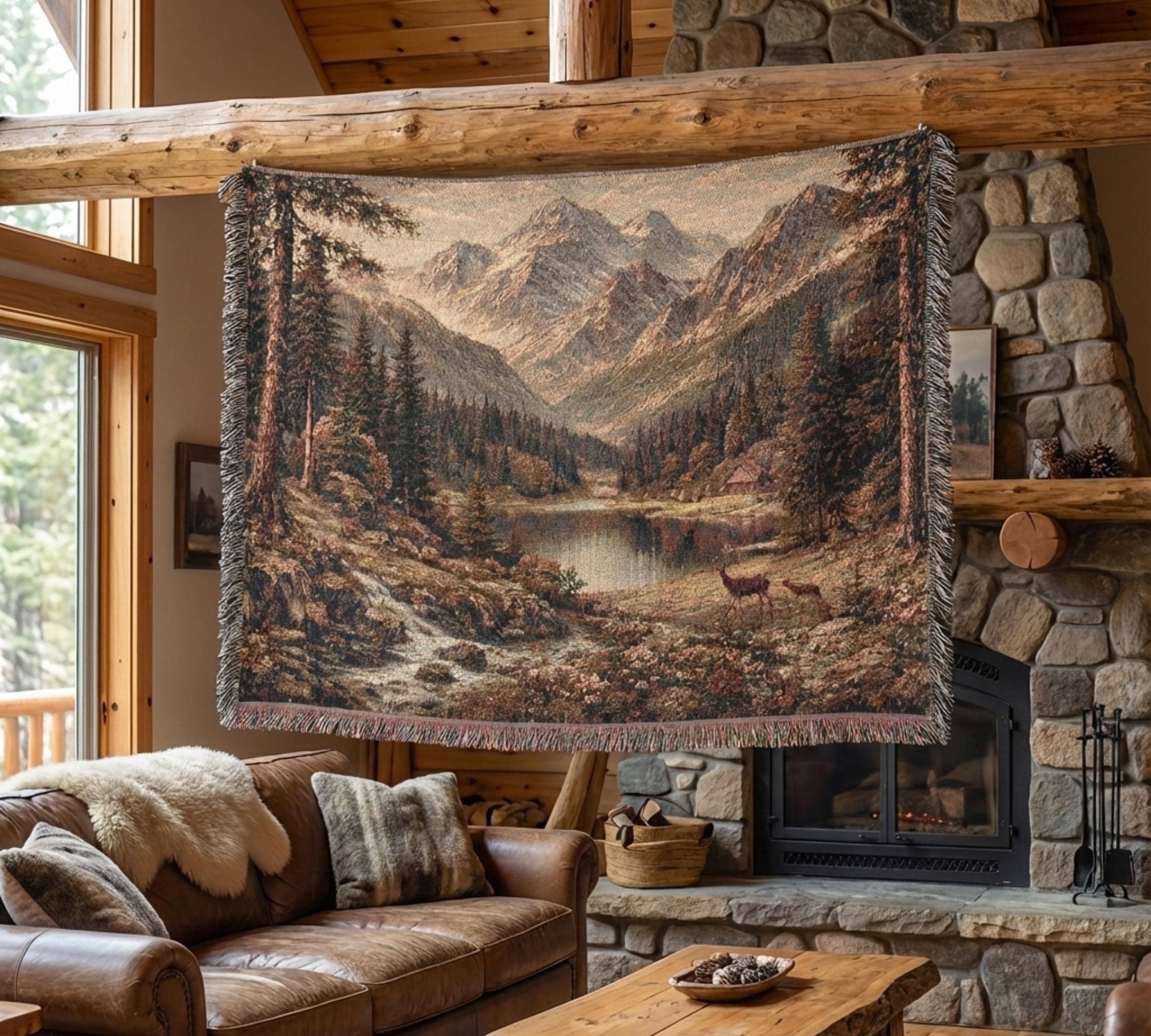 Mountain Lake Tapestry Wall Art Woven Tapestry Blanket Rustic Landscape Wall Hanging Forest Cabin Lodge Decor Vintage Nature Fringed Throw