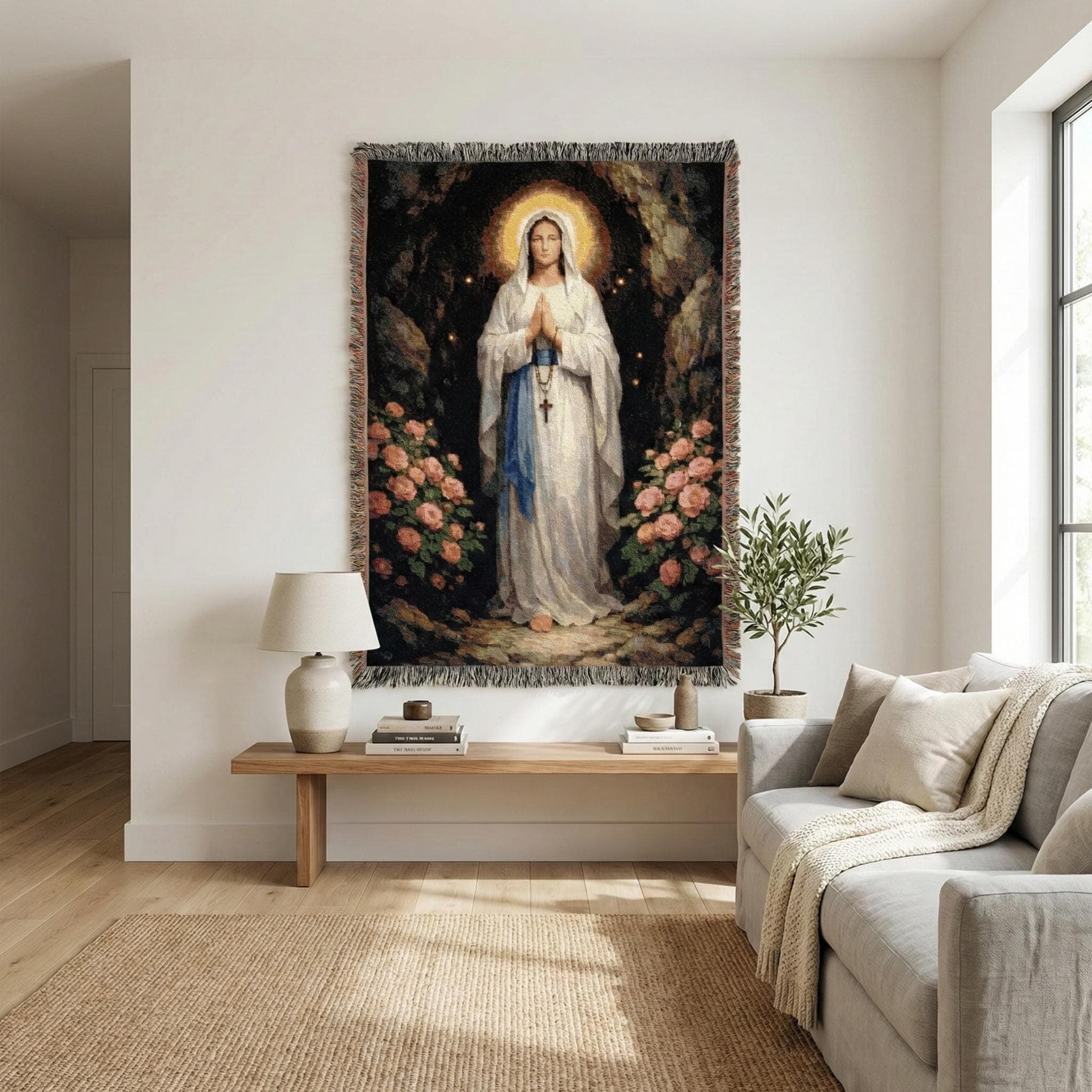 Virgin Mary Tapestry Wall Hanging Catholic Decor Our Lady of Lourdes Prayer Room Woven Blanket Christian Wall Art Dorm Bedroom Decor Gift
