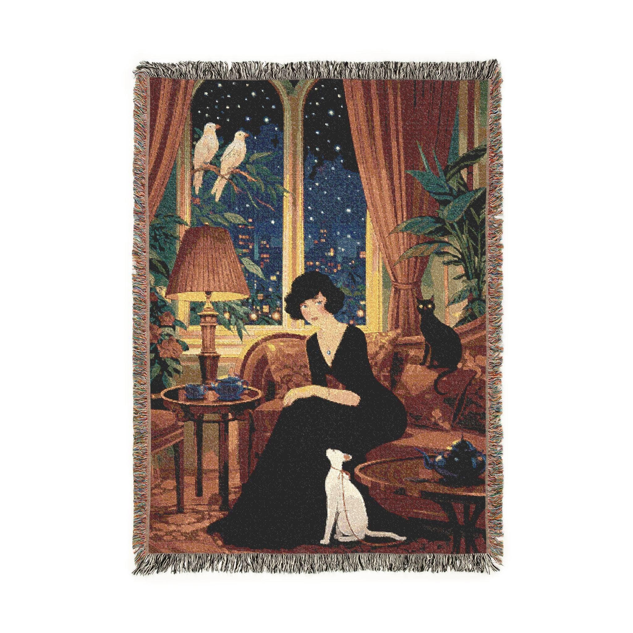 Woven tapestry wall hanging featuring an elegant vintage woman in a black dress seated in a moody apartment at night, with a black cat on the sofa, a white dog at her feet, birds by the window, glowing lamp light, tea table, and a starry city view beyond tall curtains. Rich woven texture and fringe give it a timeless old money and dark academia feel. Perfect for bedroom, living room, reading nook, or as a woven throw blanket. Ideal for cat lovers, vintage decor fans, and Paris style interiors