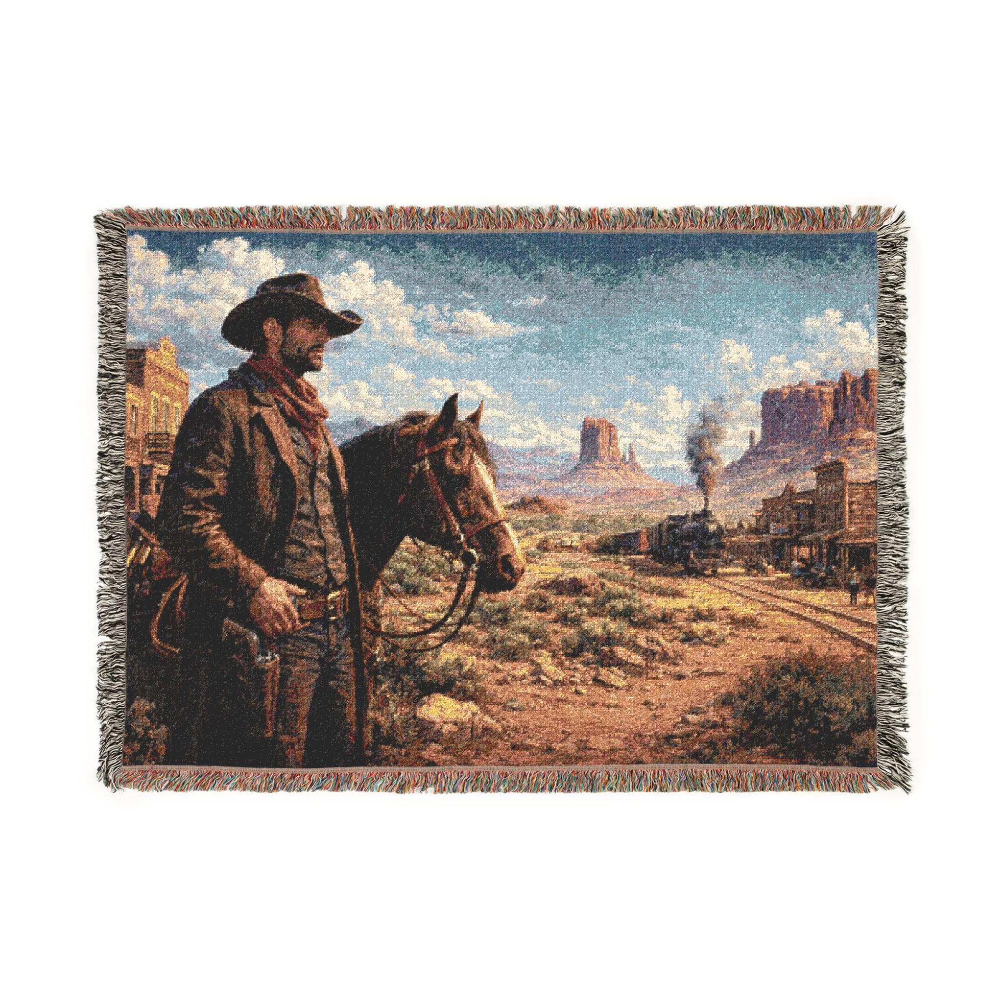 Woven tapestry wall hanging featuring a rugged cowboy standing beside his horse in an old western desert town, with a steam train, dusty road, wooden buildings, and mesa rock formations under a bright blue sky. Vintage Old West wall art with rustic ranch decor mood and frontier scenery, ideal as a large wall tapestry, western home accent, man cave decor, horse lover gift, ranch room decor, and statement piece for cowboy, train, and desert landscape fans.