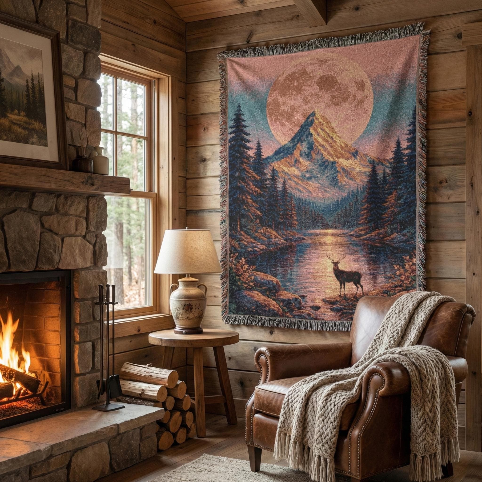 Woven tapestry wall hanging with a glowing full moon behind a snowcapped peak, pine forest, and lake reflection with a deer at the shore. Scenic mountain landscape in rustic cabin lodge style with sunset pink and deep blue tones, wildflower foreground, and fringe trim. Perfect as large tapestry wall art for bedroom, living room, dorm, studio, or cabin decor, and also cozy as a woven throw blanket for chilly nights. Gift for hikers, campers, mountain lovers, and wildlife fans.