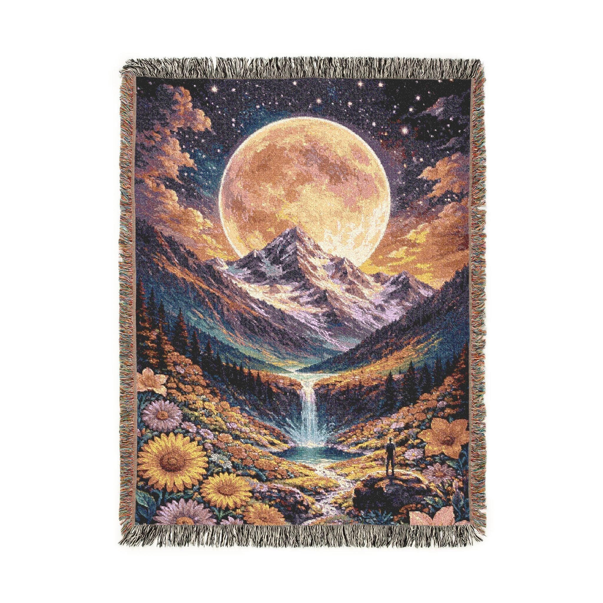 mountains, a silver waterfall into a calm lake, and a wildflower valley under a starry night sky. Rich purple, gold, and teal tones with fringe edges create cozy cottagecore-meets-celestial wall decor. Perfect statement piece for bedroom, living room, cabin, or gift for nature lovers and moon lovers. Great for boho home decor, mountain cabin vibes, stargazer aesthetic, and cozy reading nook styling.