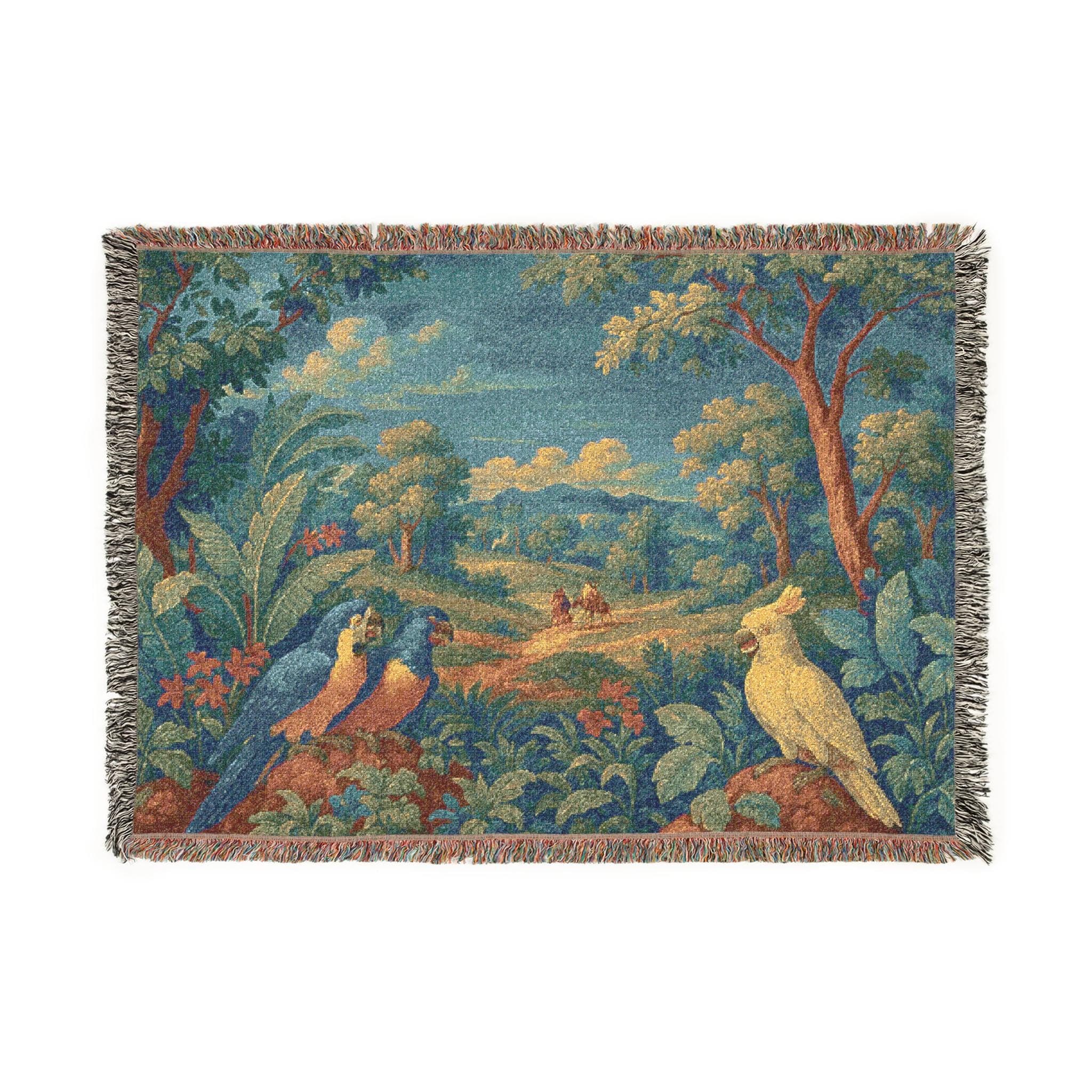 Vintage woven tapestry blanket featuring a lush tropical landscape with two colorful parrots amid vibrant green trees, flowers, and golden sunlight. Inspired by antique French verdure wall tapestries, this large wall decor piece can be used as a woven blanket throw, tapestry wall art, or elegant wall hanging. The detailed weaving highlights the beauty of classic European craftsmanship, adding depth, warmth, and sophistication to any home.