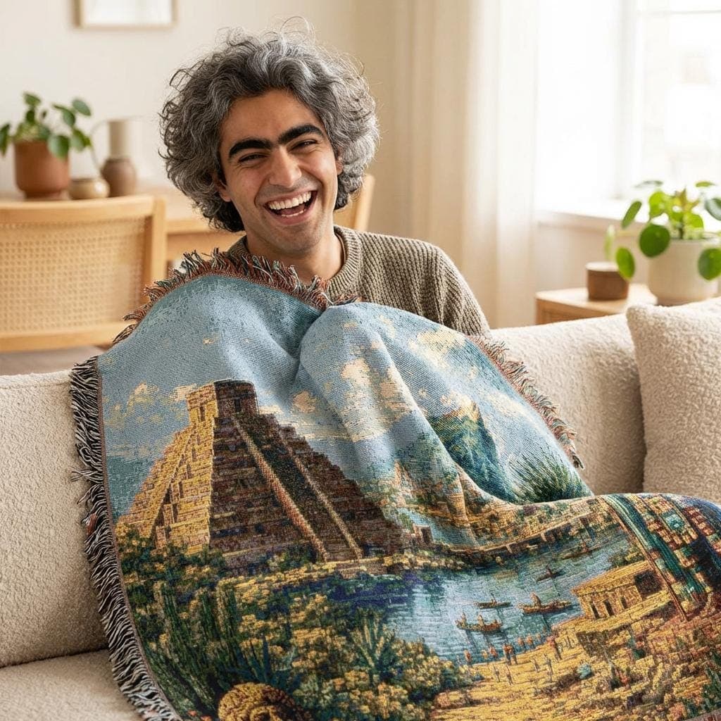 Woven tapestry wall hanging featuring an ancient Mesoamerican landscape with a stepped pyramid, ceremonial statue in feathered headdress, blue water, distant temples, mountain backdrop, desert plants and warm stone architecture under sky. Historic wall art with Aztec inspired, pre Columbian details, ideal as a large wall tapestry, woven throw blanket, cultural home decor, pyramid wall art, archaeology inspired gift, and statement piece for history lovers, travelers, and old world art collectors.