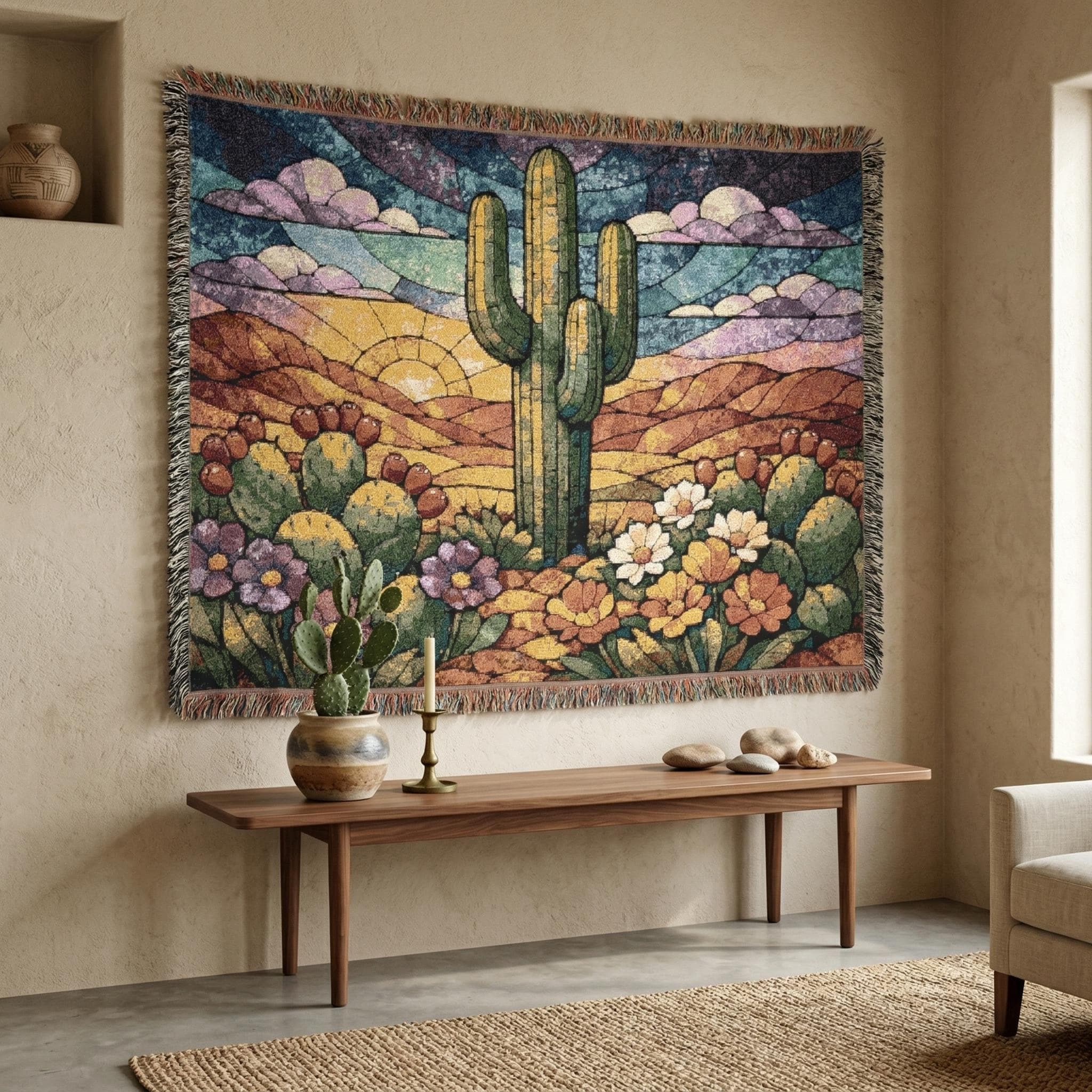 Woven tapestry wall hanging featuring a tall saguaro cactus in a colorful desert landscape with blooming wildflowers, prickly pear cactus, rolling hills, layered clouds, and a glowing sunset sky in a stained glass inspired style. Southwestern wall art with warm boho colors and vintage textile texture, ideal as a large wall tapestry, woven throw blanket, desert floral decor, western home accent, Arizona room decor, cactus lover gift, and statement piece for boho or farmhouse interiors.