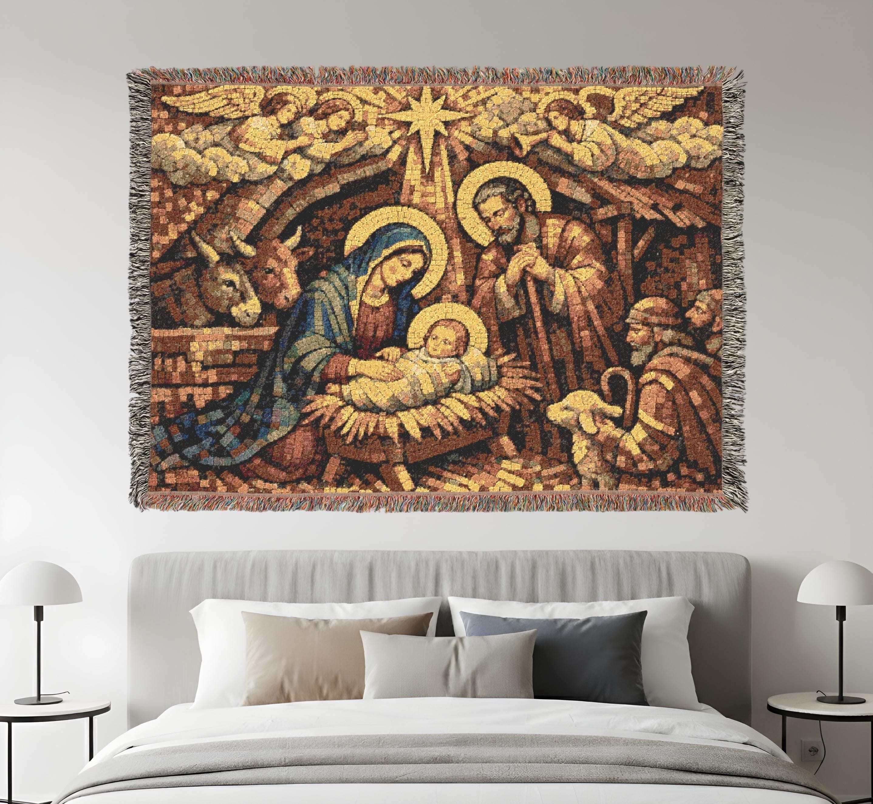 Christmas Nativity Tapestry Wall Art Woven Tapestry Blanket Holy Family Wall Hanging Catholic Christian Wall Decor Mosaic Fringed Throw Art