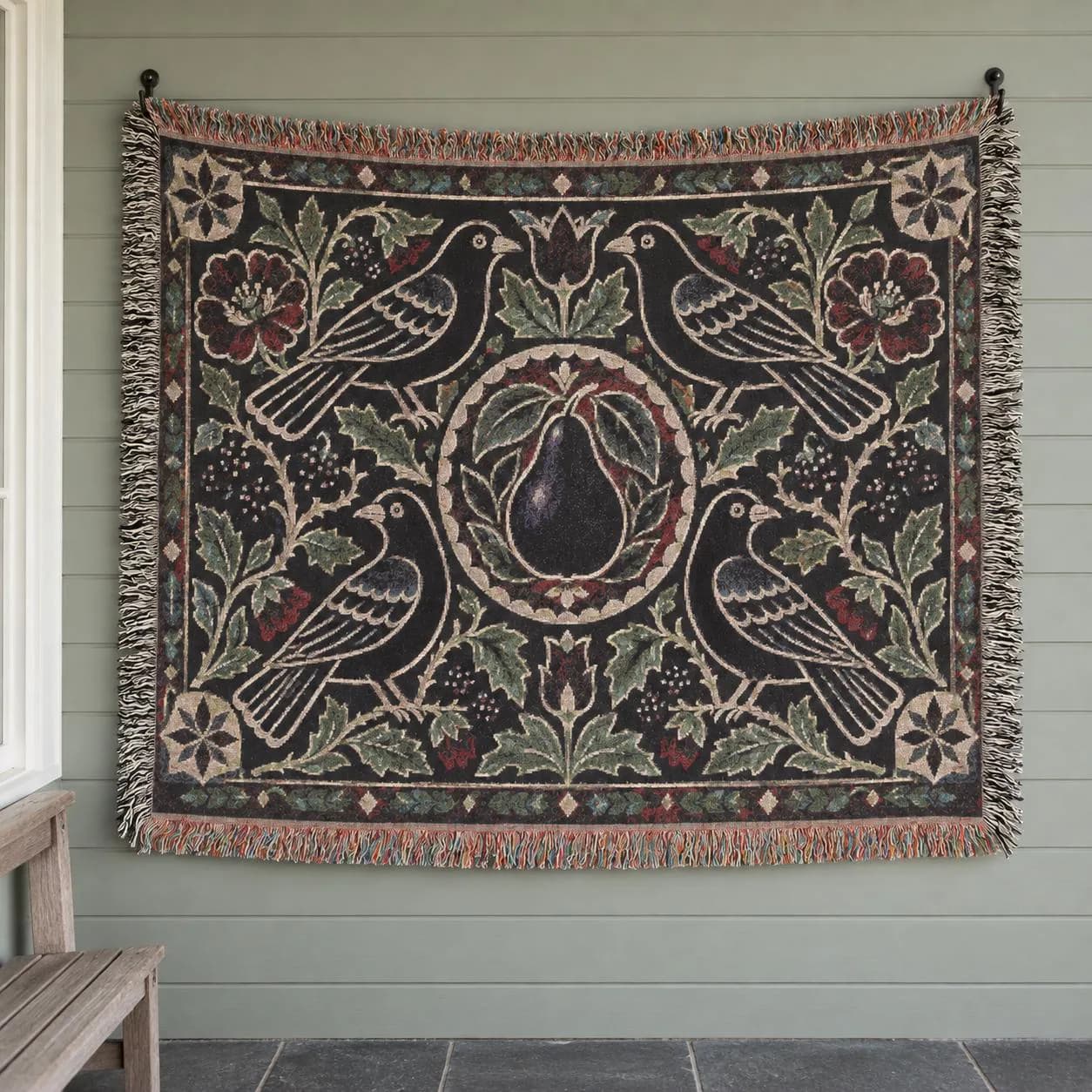 Blackbird Folk Art Tapestry Wall Hanging Vintage Bird Wall Art Woven Throw Blanket Cottagecore Floral Decor
