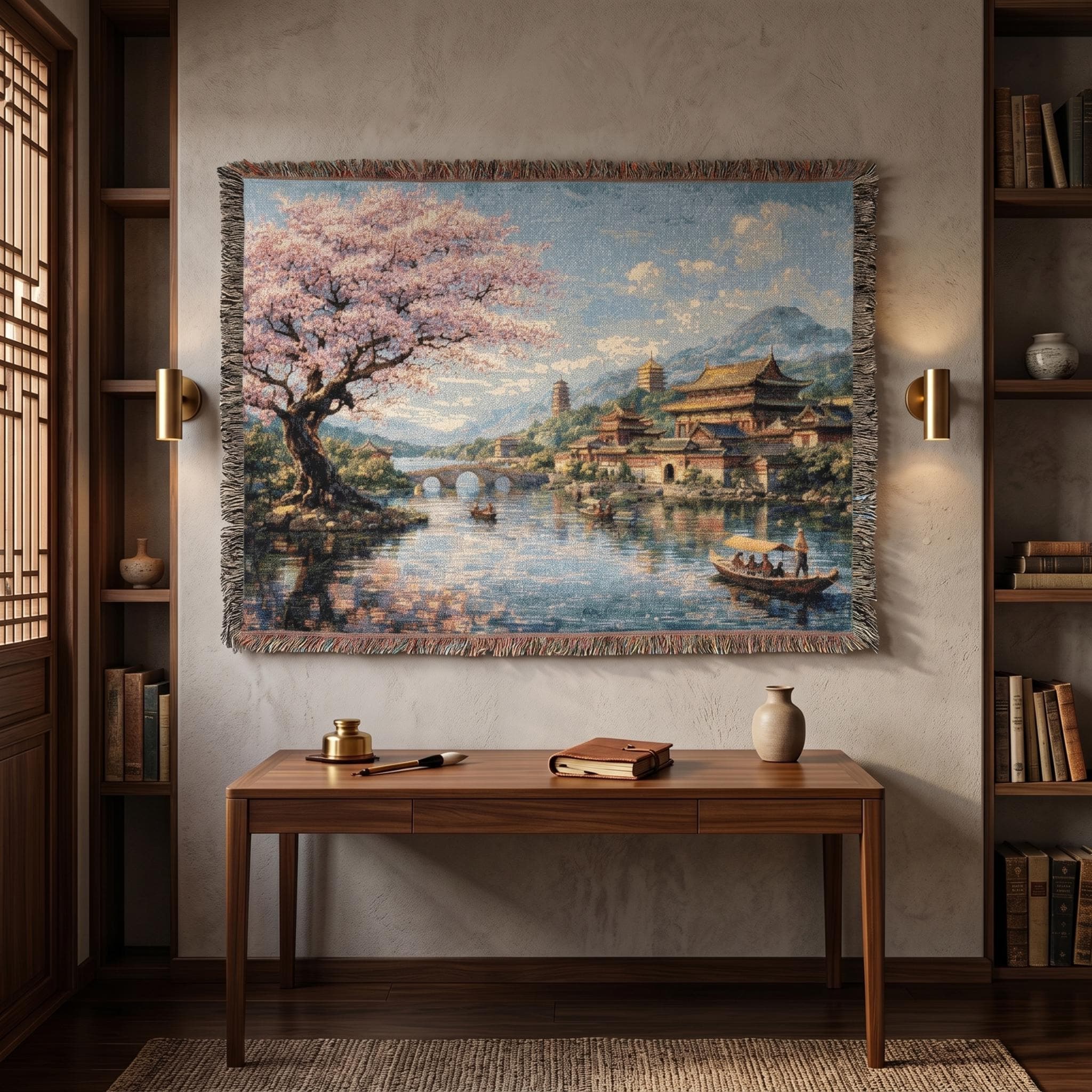 Cherry Blossom Tapestry Wall Hanging Chinese Landscape Tapestry Woven Throw Blanket Asian Palace Wall Art River Garden Scenic Decor Gift